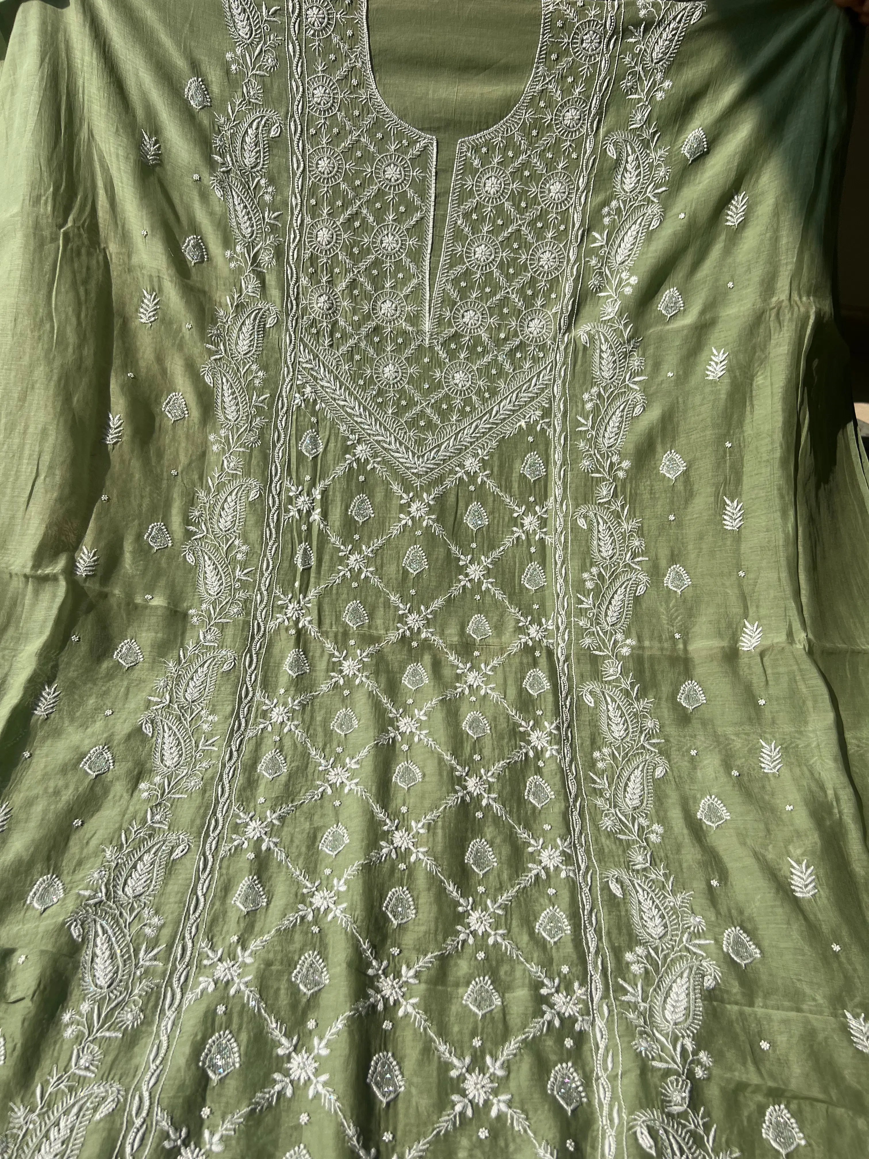 Mul Chanderi Chikankari - Heavy Unstitched Set - Green ARIAA CHIKANKARI