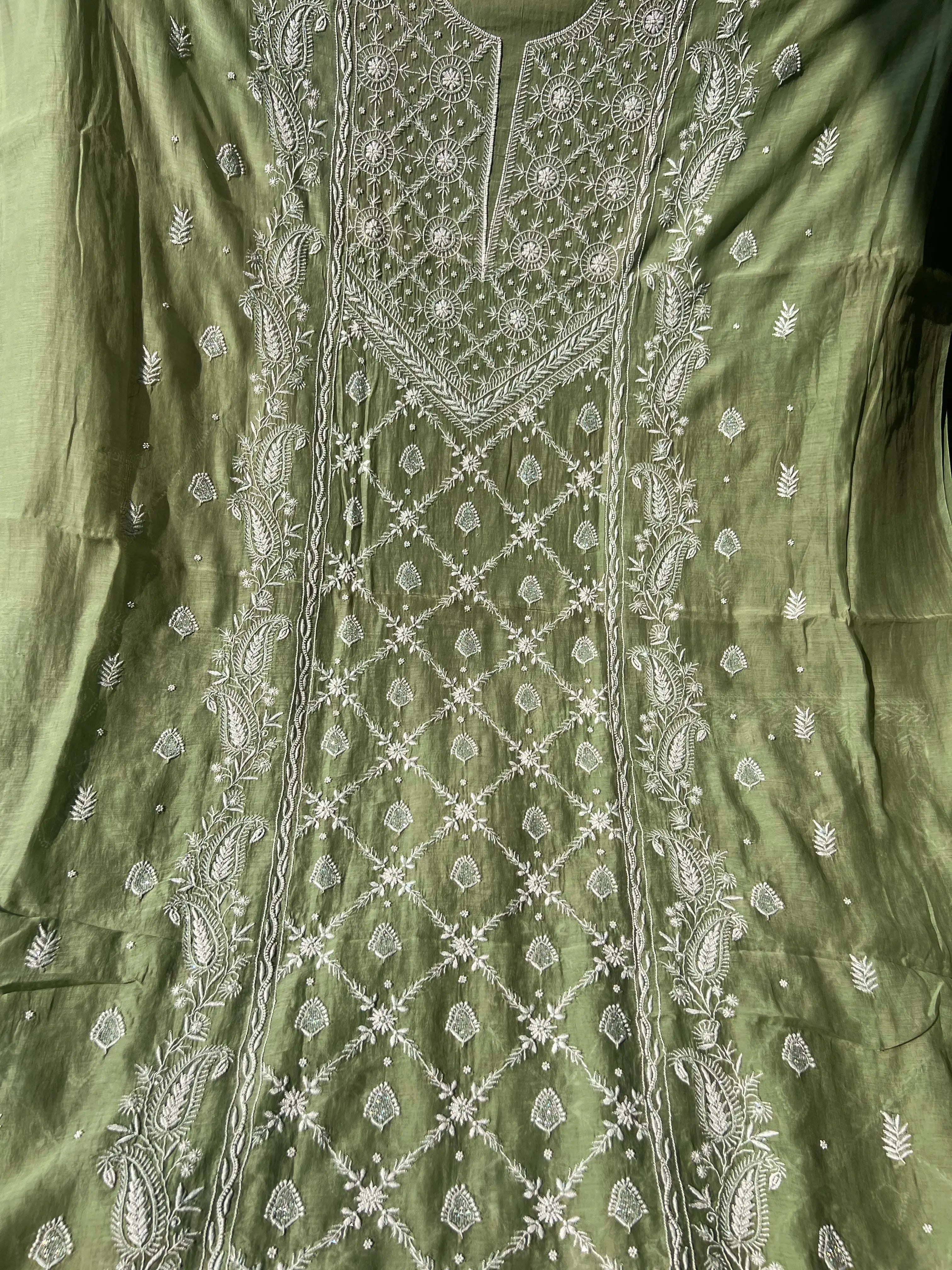 Mul Chanderi Chikankari - Heavy Unstitched Set - Green ARIAA CHIKANKARI