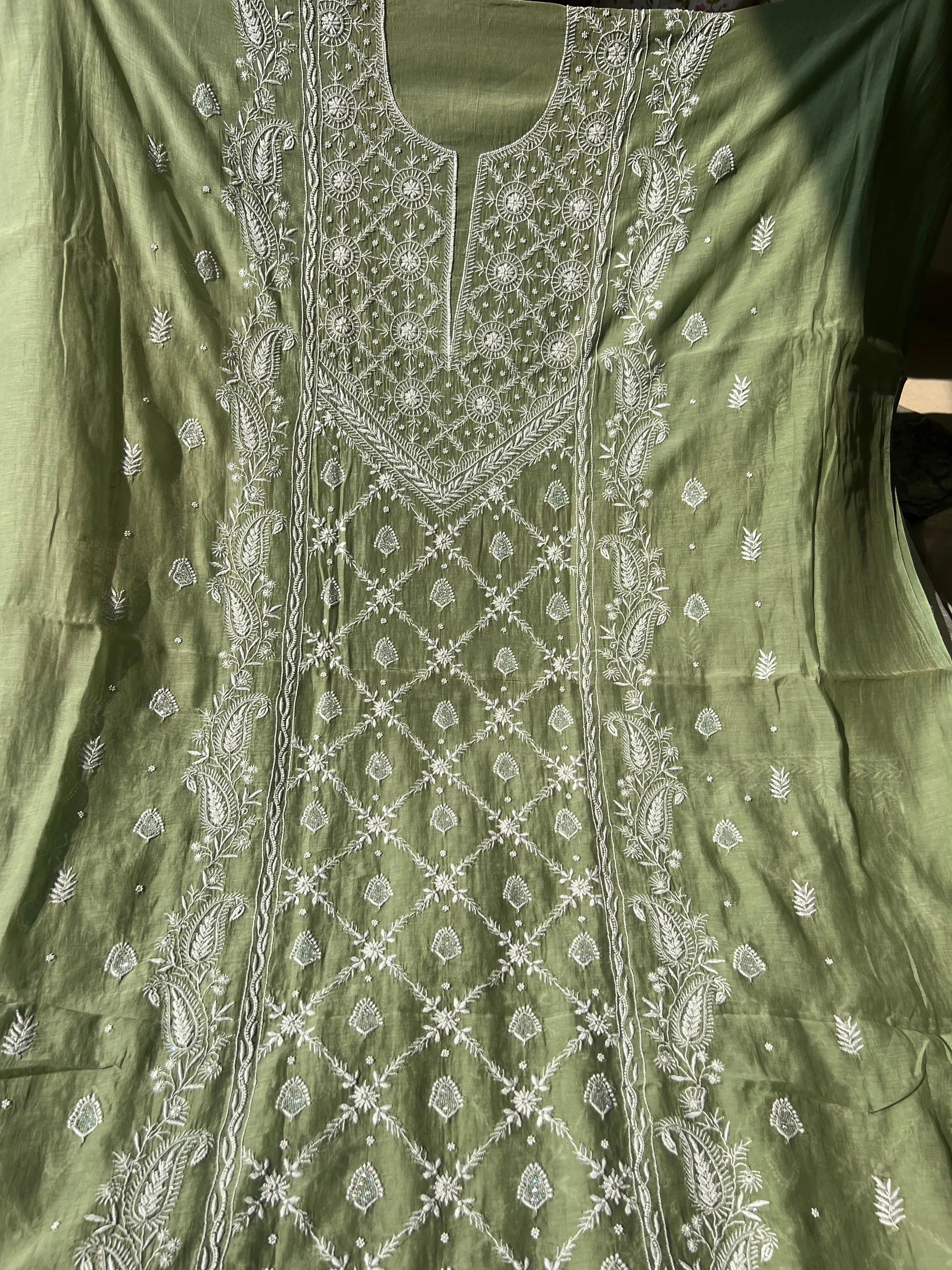 Mul Chanderi Chikankari - Heavy Unstitched Set - Green ARIAA CHIKANKARI