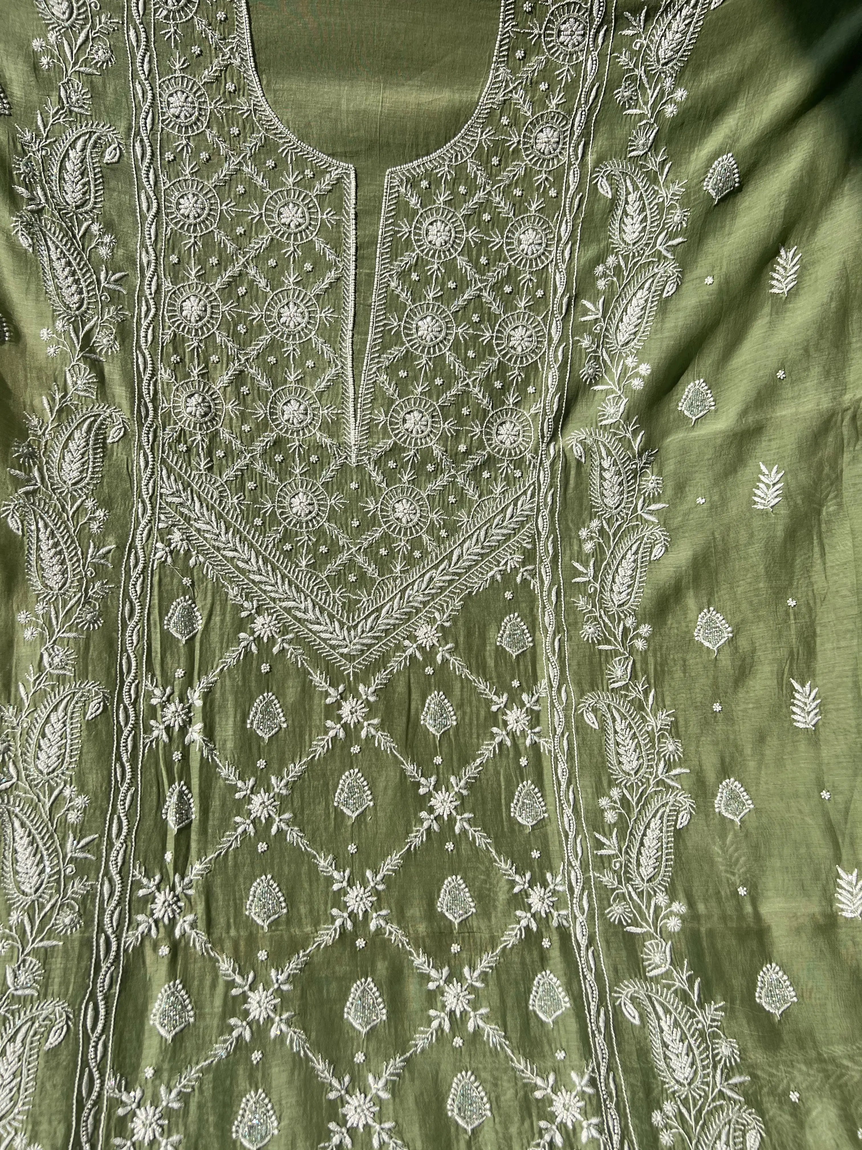 Mul Chanderi Chikankari - Heavy Unstitched Set - Green ARIAA CHIKANKARI
