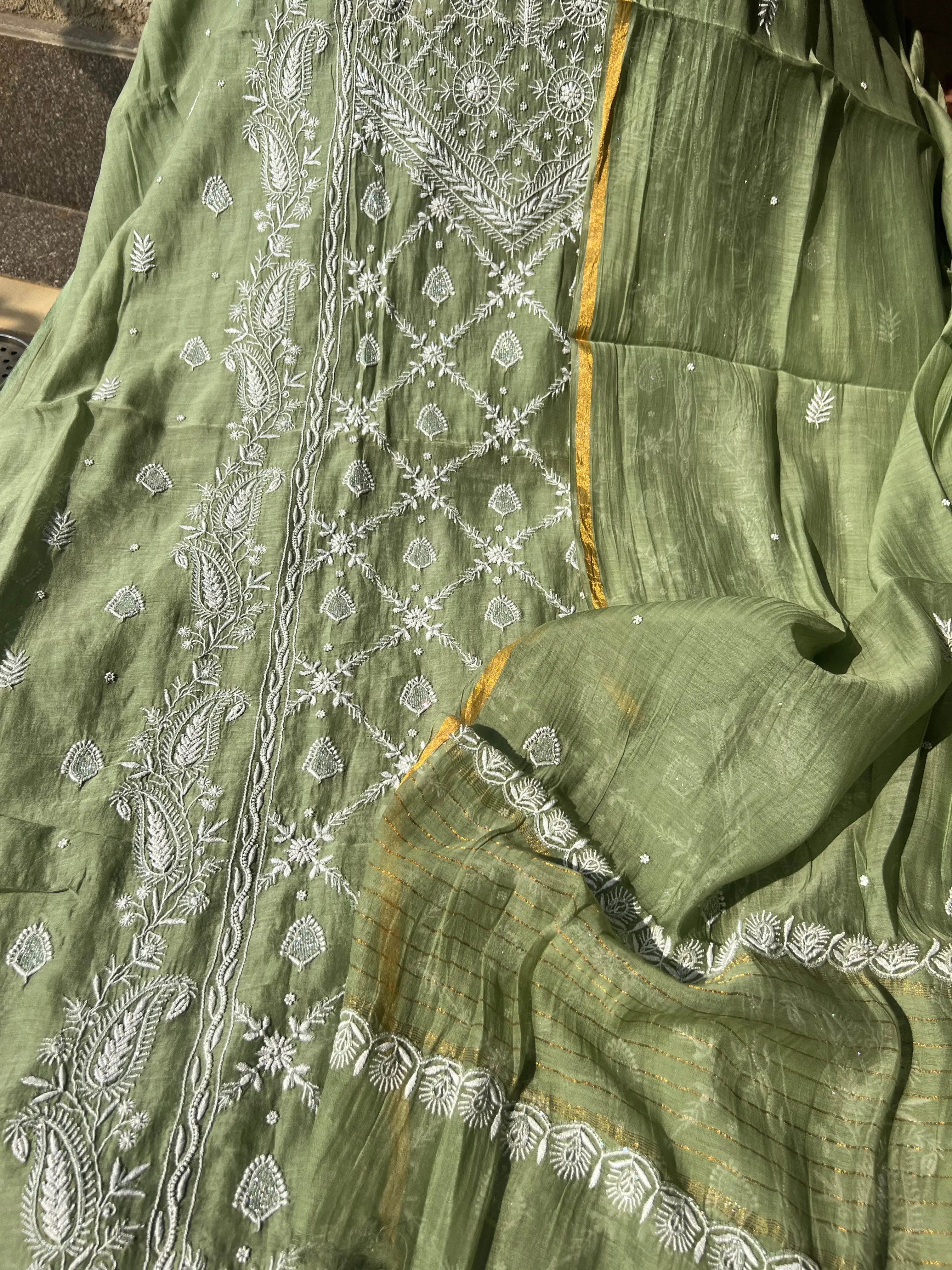 Mul Chanderi Chikankari - Heavy Unstitched Set - Green ARIAA CHIKANKARI