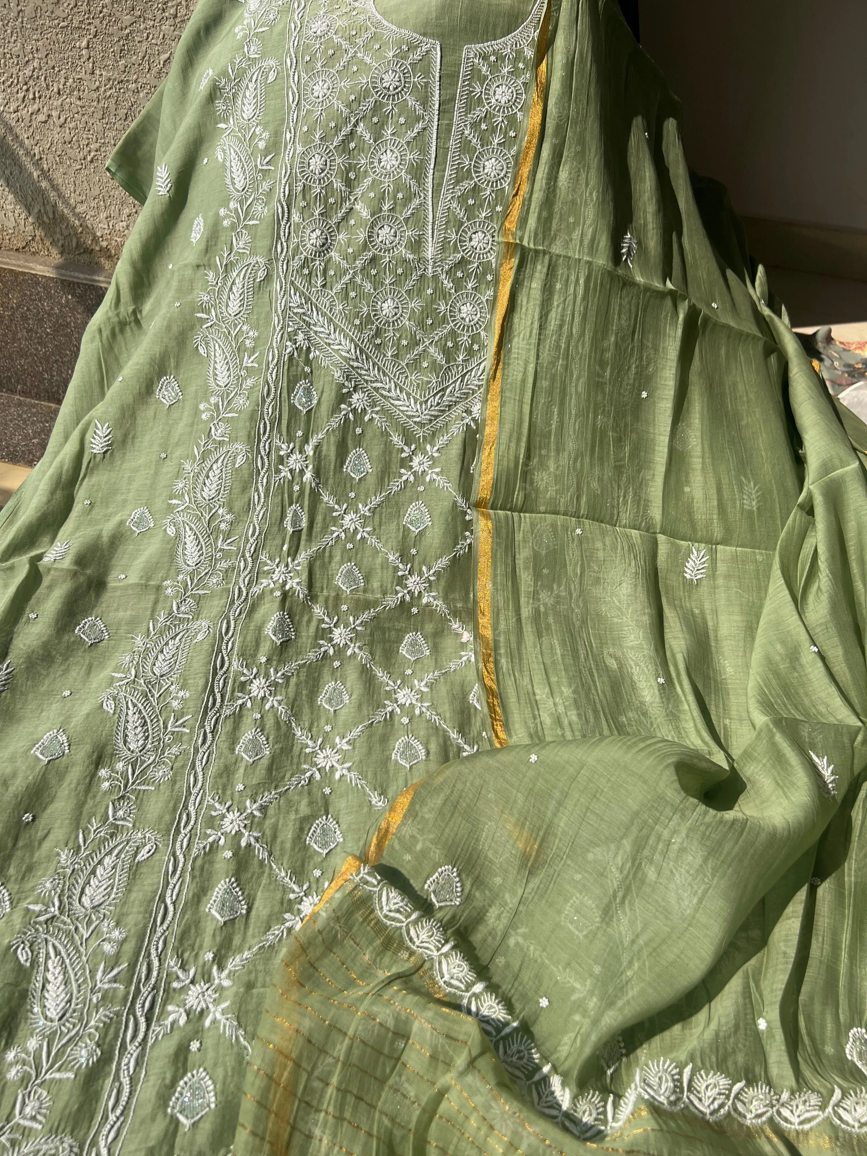 Mul Chanderi Chikankari - Heavy Unstitched Set - Green ARIAA CHIKANKARI