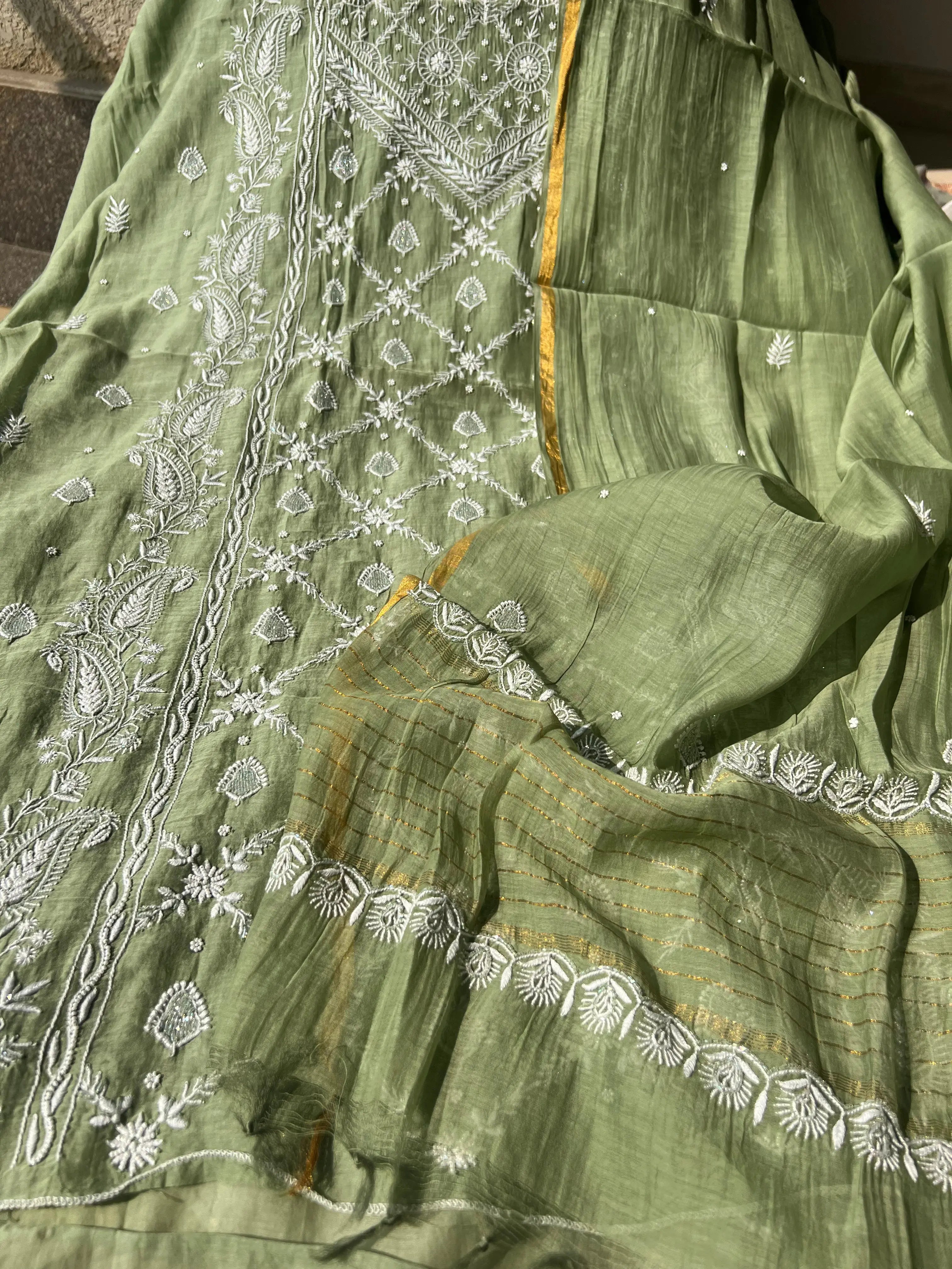 Mul Chanderi Chikankari - Heavy Unstitched Set - Green ARIAA CHIKANKARI