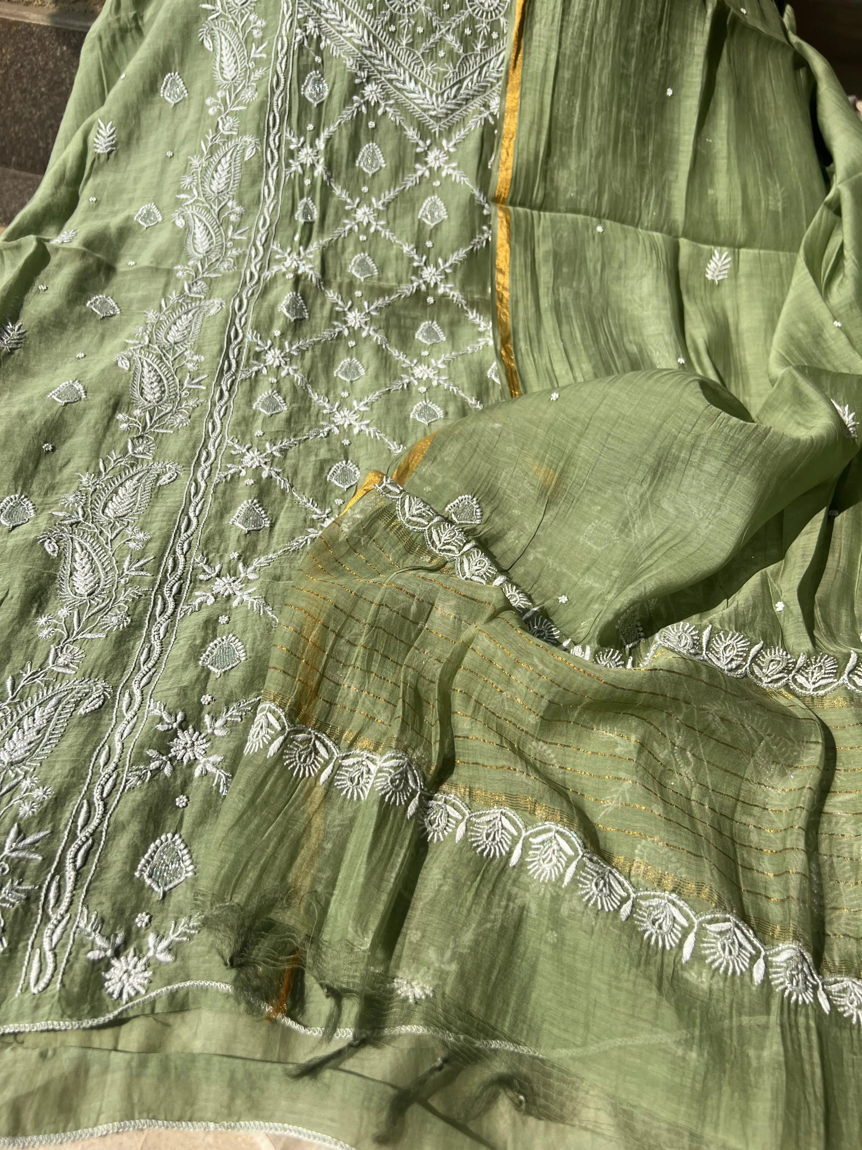 Mul Chanderi Chikankari - Heavy Unstitched Set - Green ARIAA CHIKANKARI
