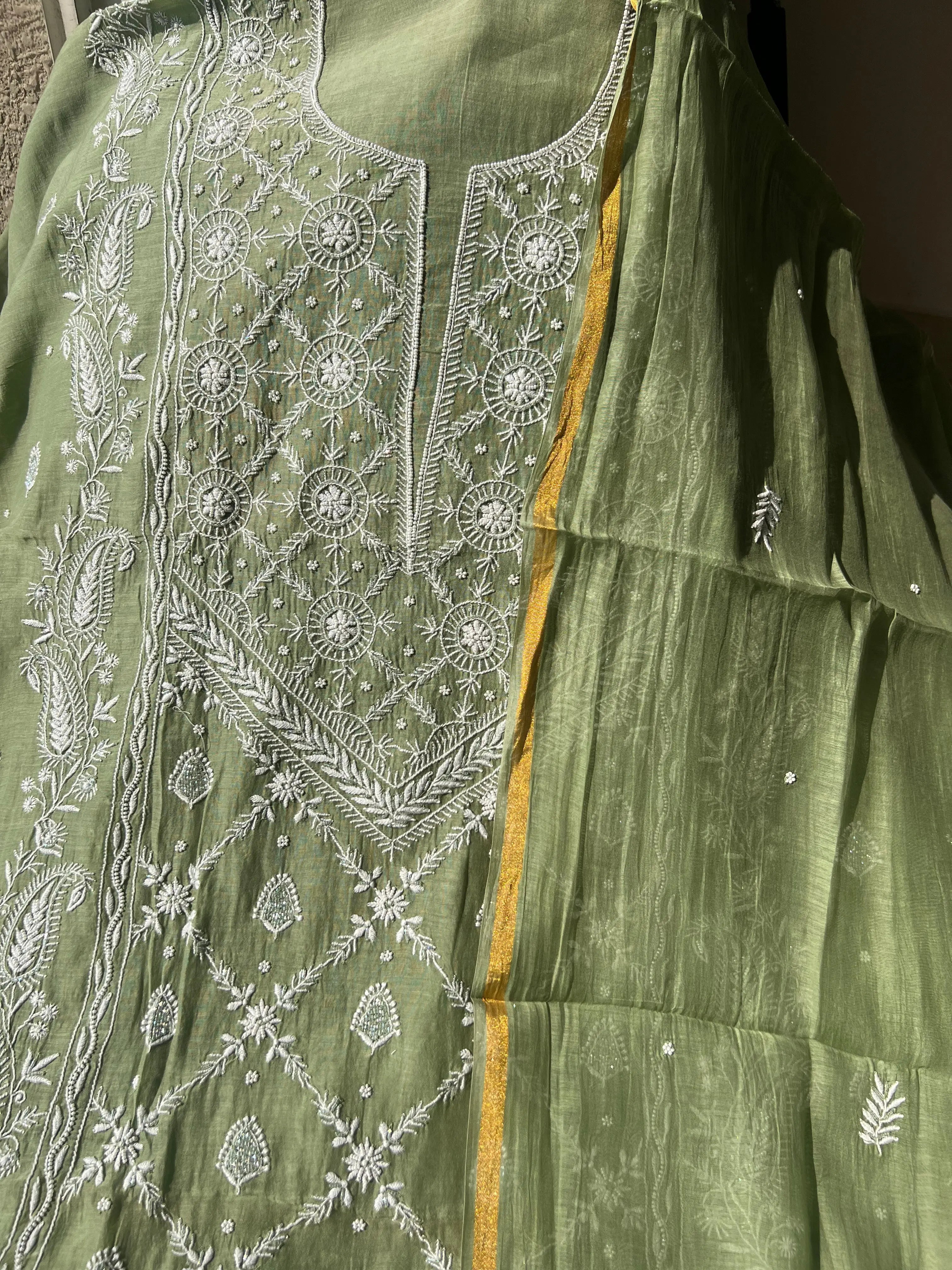 Mul Chanderi Chikankari - Heavy Unstitched Set - Green ARIAA CHIKANKARI