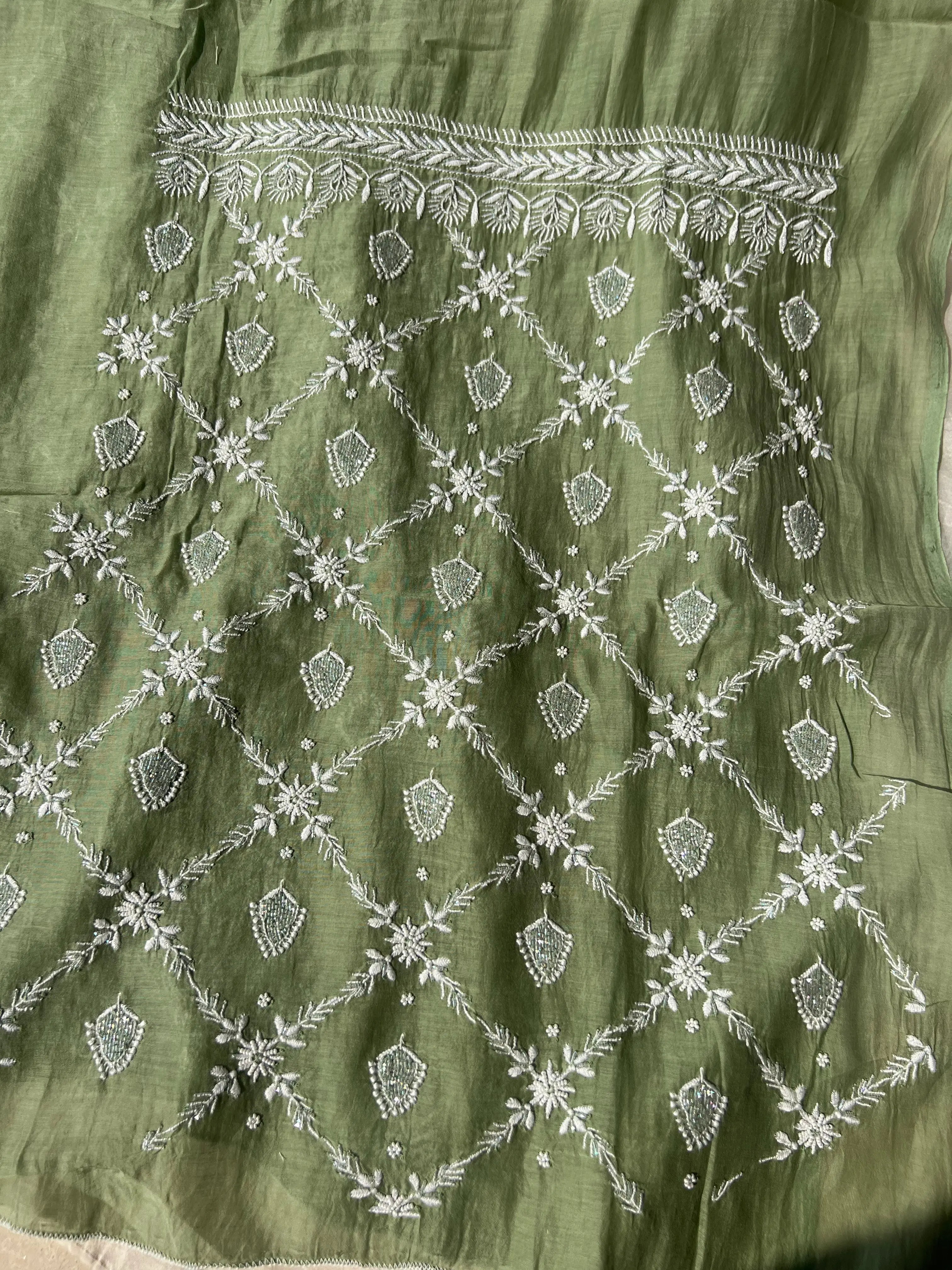 Mul Chanderi Chikankari - Heavy Unstitched Set - Green ARIAA CHIKANKARI