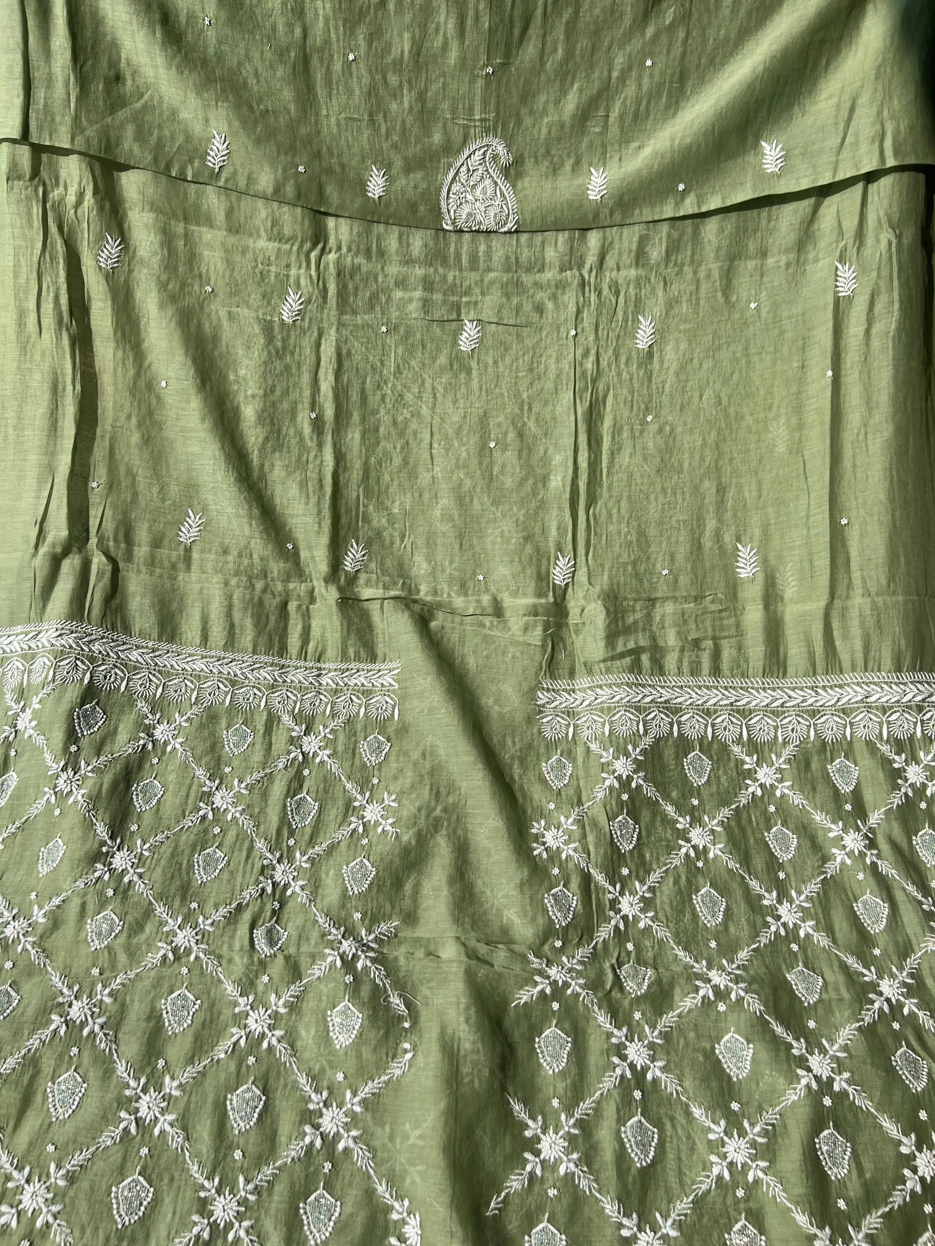 Mul Chanderi Chikankari - Heavy Unstitched Set - Green ARIAA CHIKANKARI