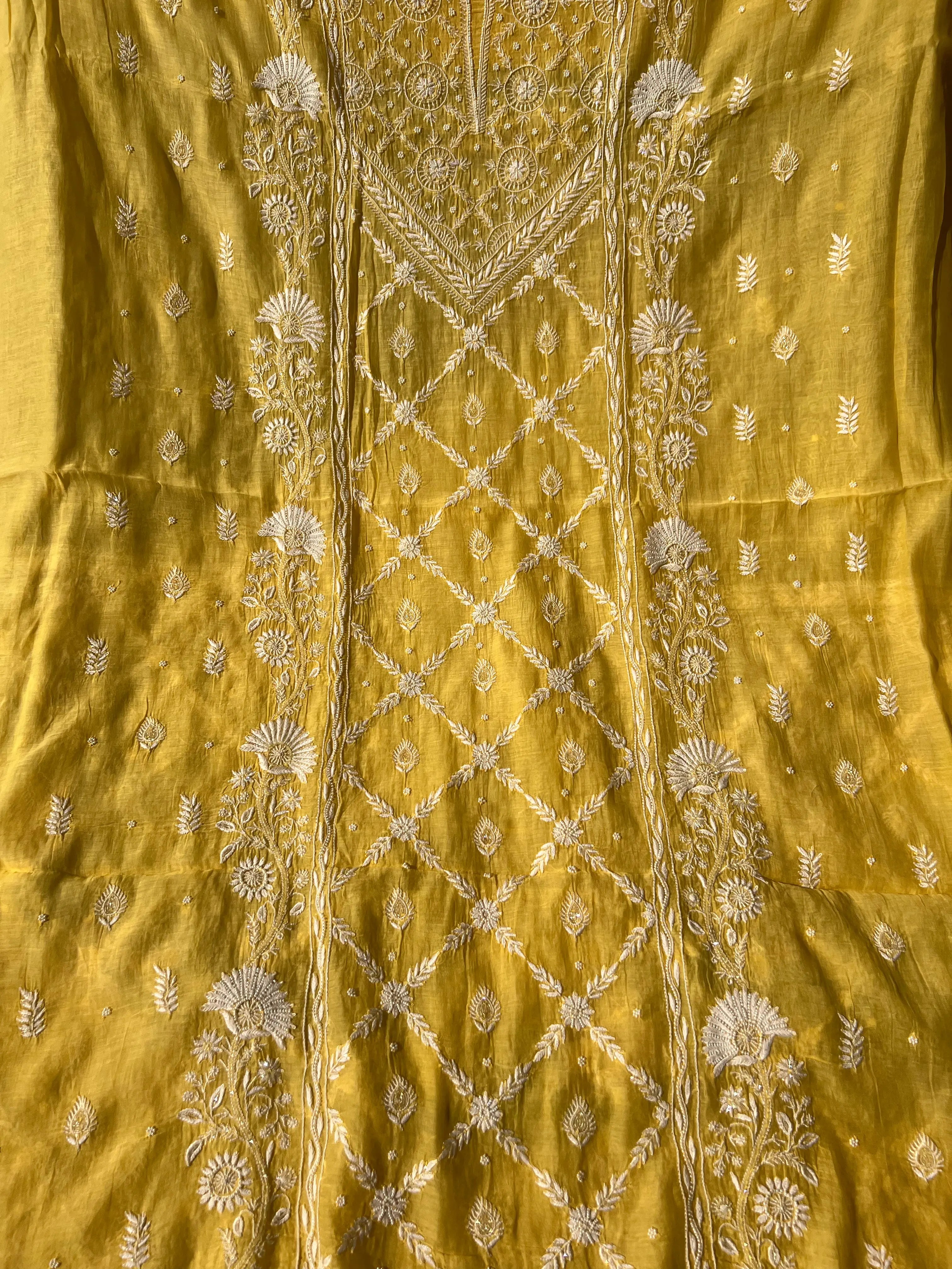 Mul Chanderi Chikankari - Heavy Unstitched Set - Yellow ARIAA CHIKANKARI