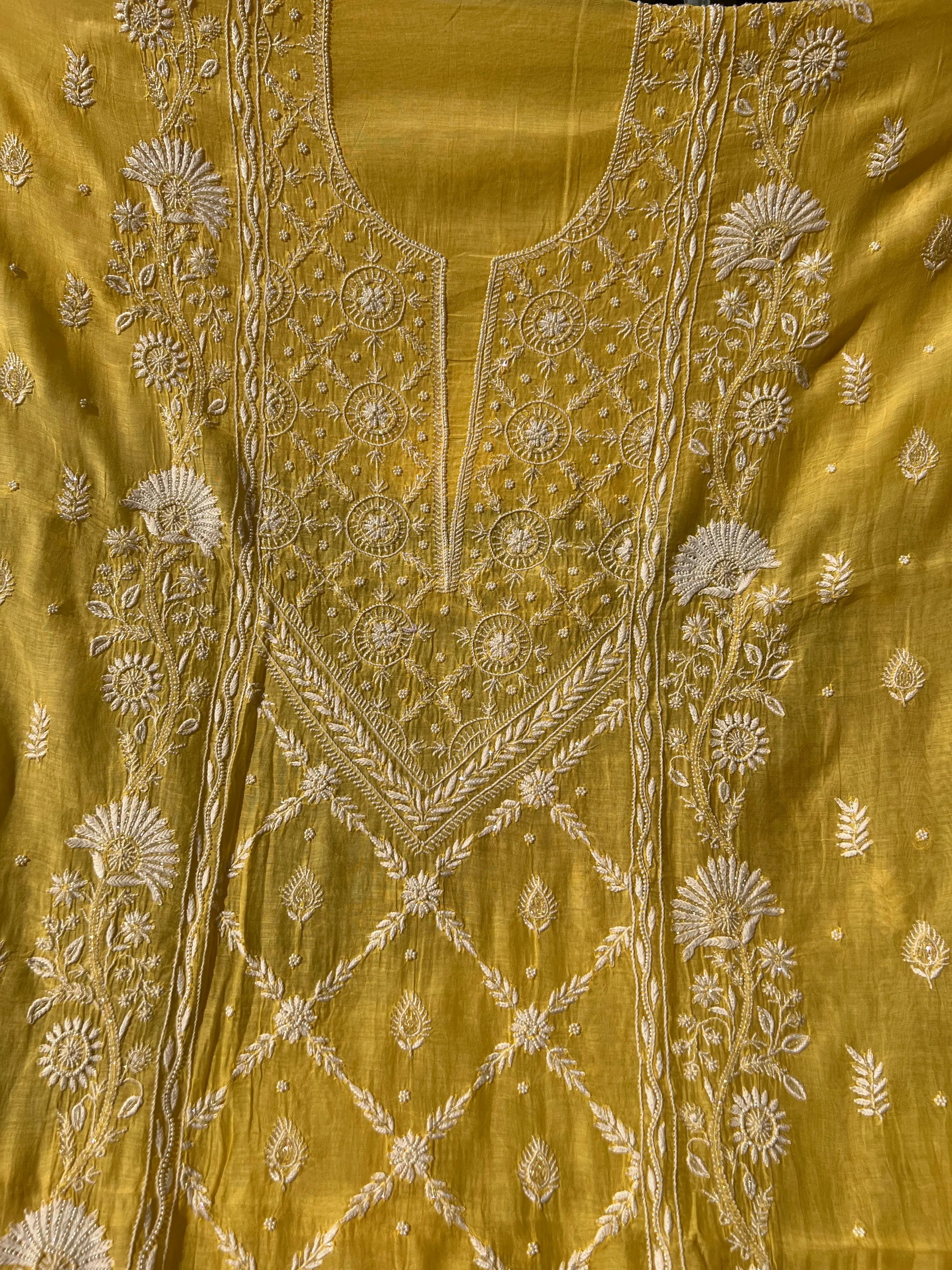 Mul Chanderi Chikankari - Heavy Unstitched Set - Yellow ARIAA CHIKANKARI