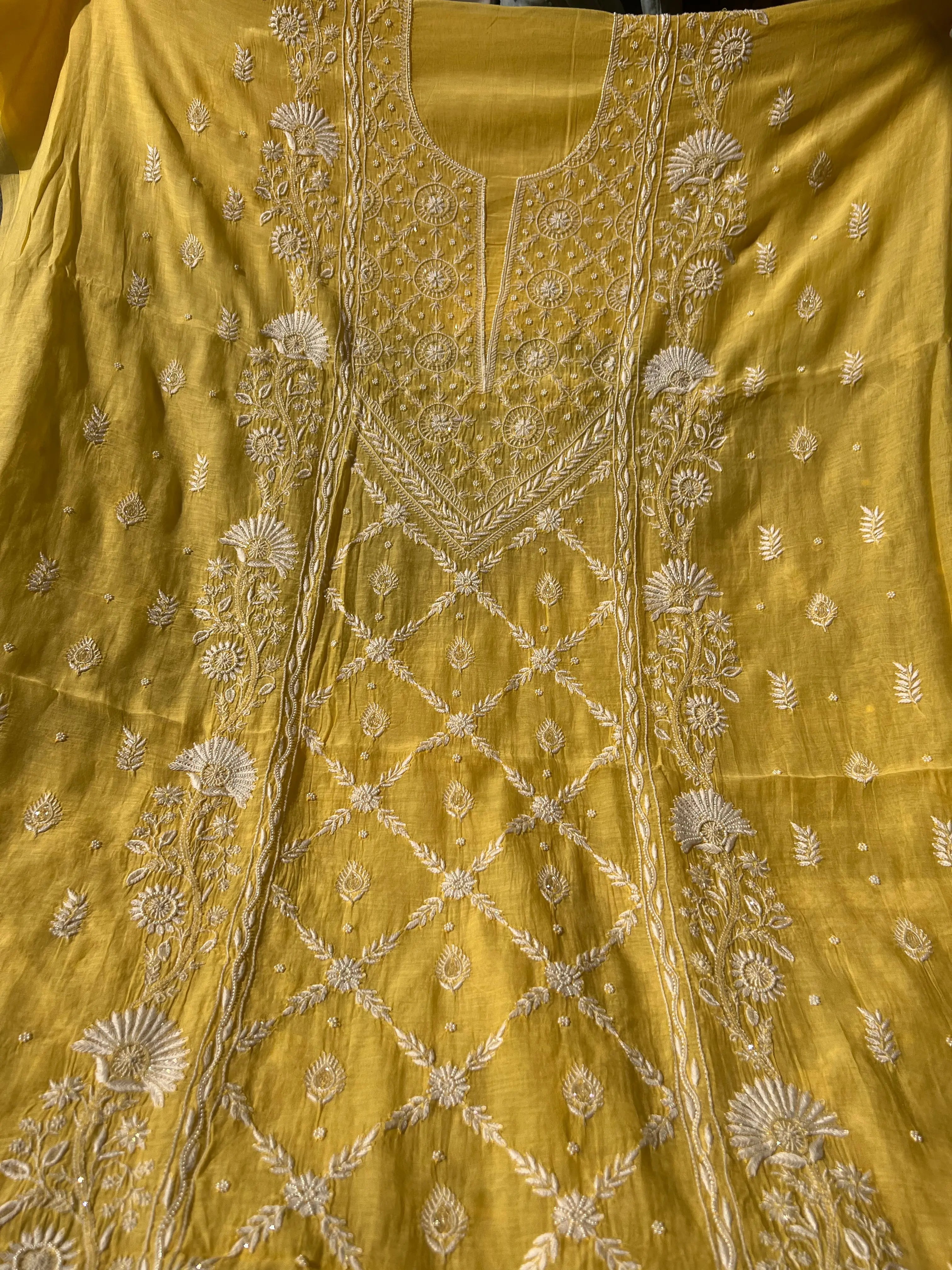 Mul Chanderi Chikankari - Heavy Unstitched Set - Yellow ARIAA CHIKANKARI
