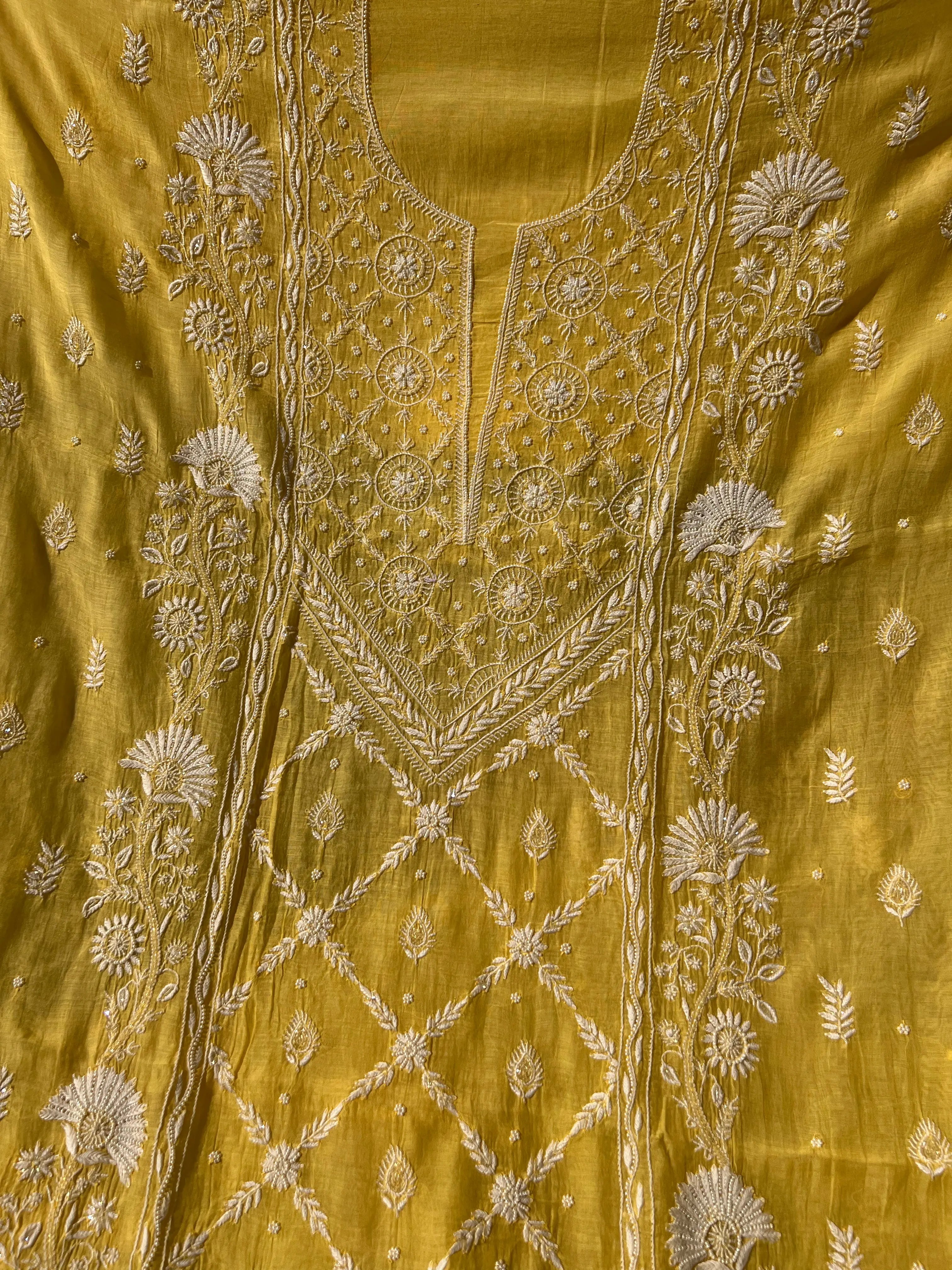 Mul Chanderi Chikankari - Heavy Unstitched Set - Yellow ARIAA CHIKANKARI