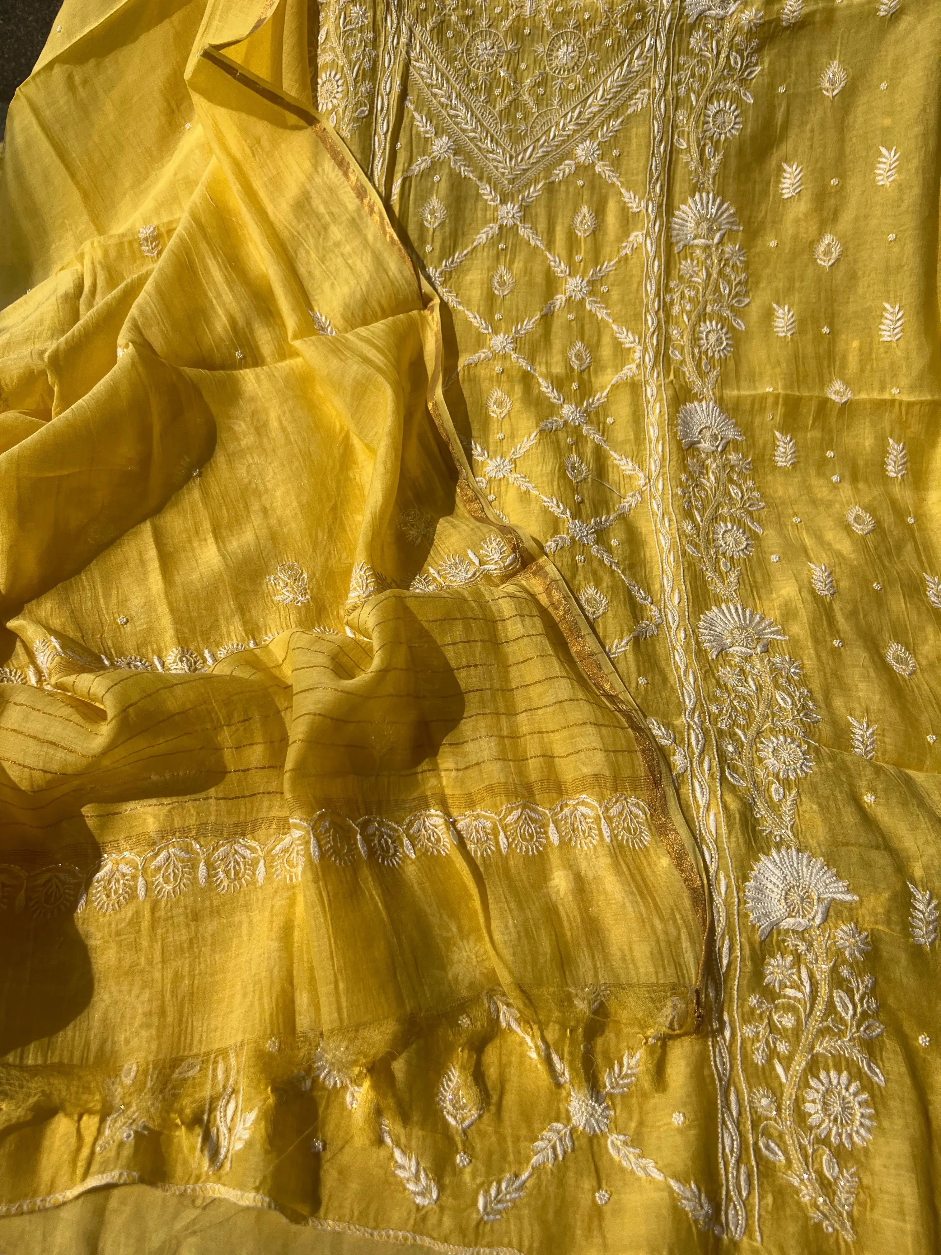 Mul Chanderi Chikankari - Heavy Unstitched Set - Yellow ARIAA CHIKANKARI