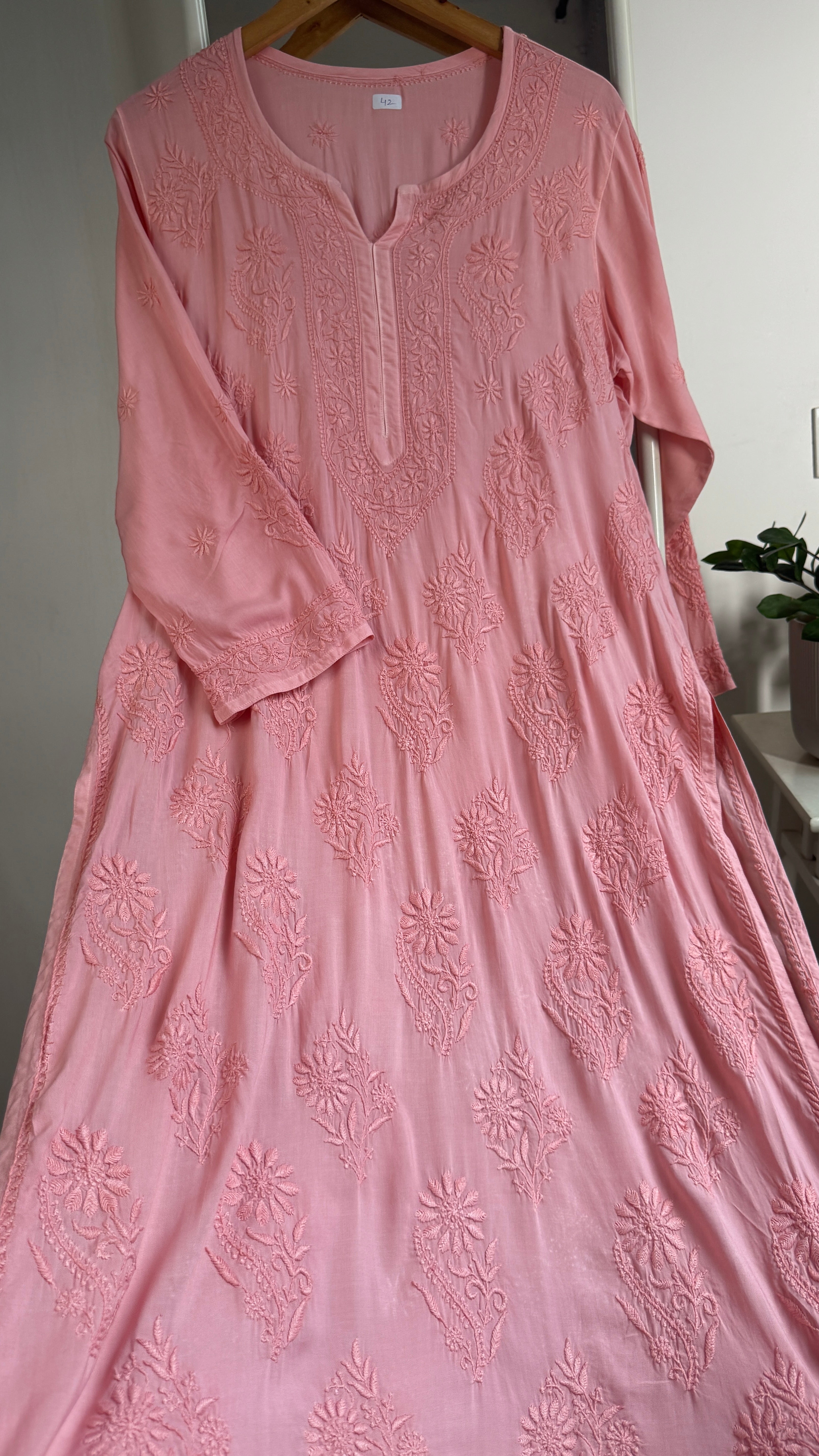 Premium Modal Chikankari Cotton Kurti - Carrot Pink - Noor Collection