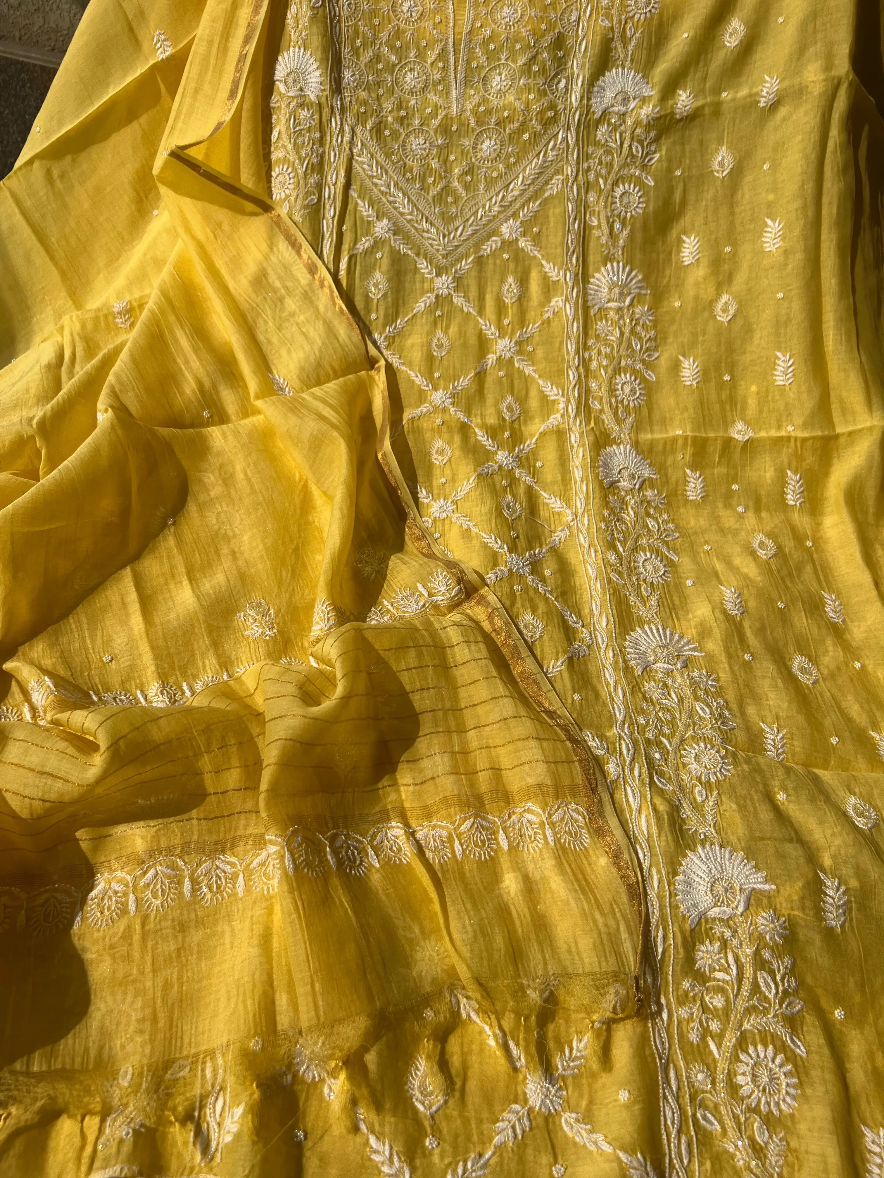 Mul Chanderi Chikankari - Heavy Unstitched Set - Yellow ARIAA CHIKANKARI
