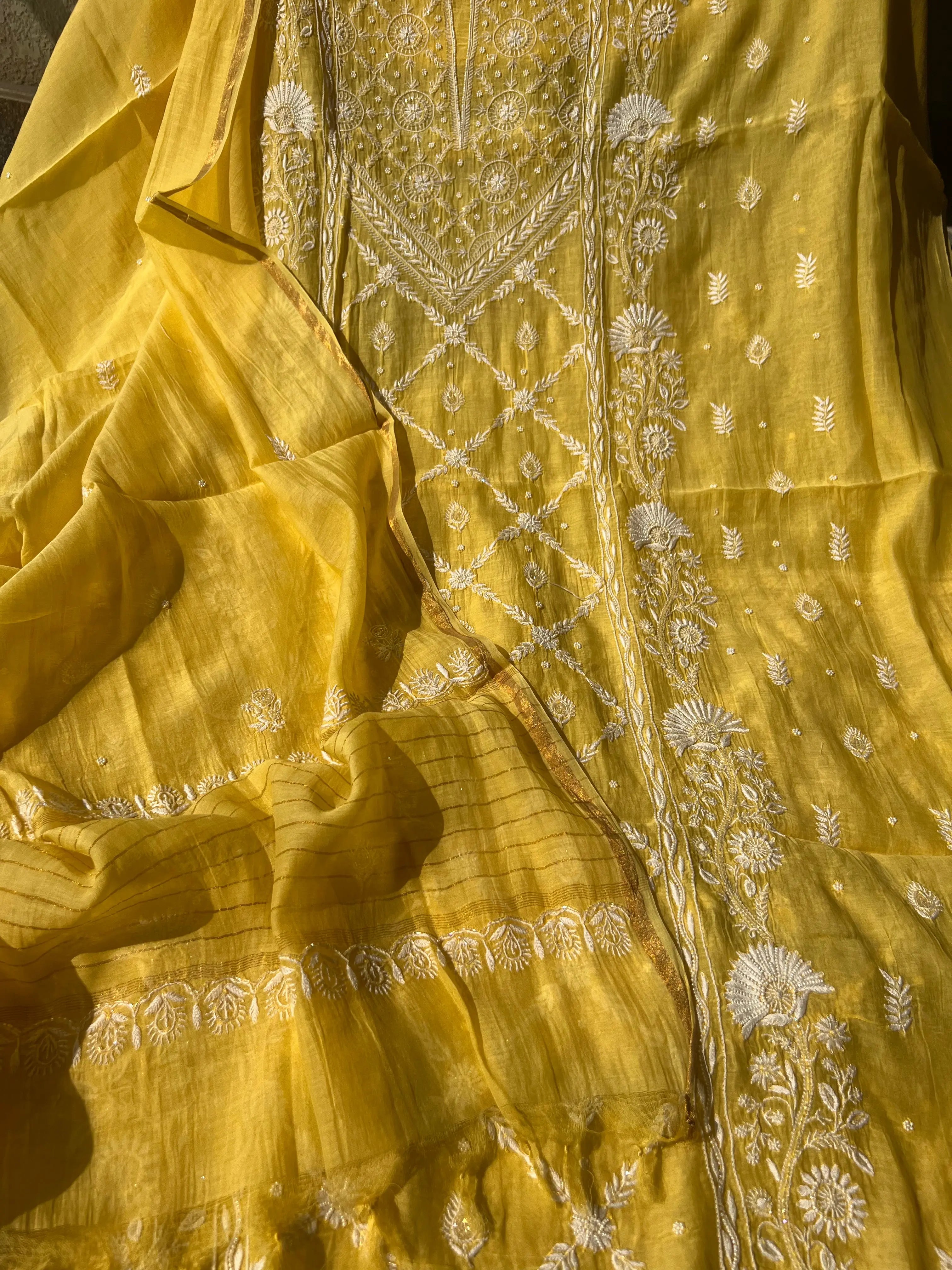Mul Chanderi Chikankari - Heavy Unstitched Set - Yellow ARIAA CHIKANKARI