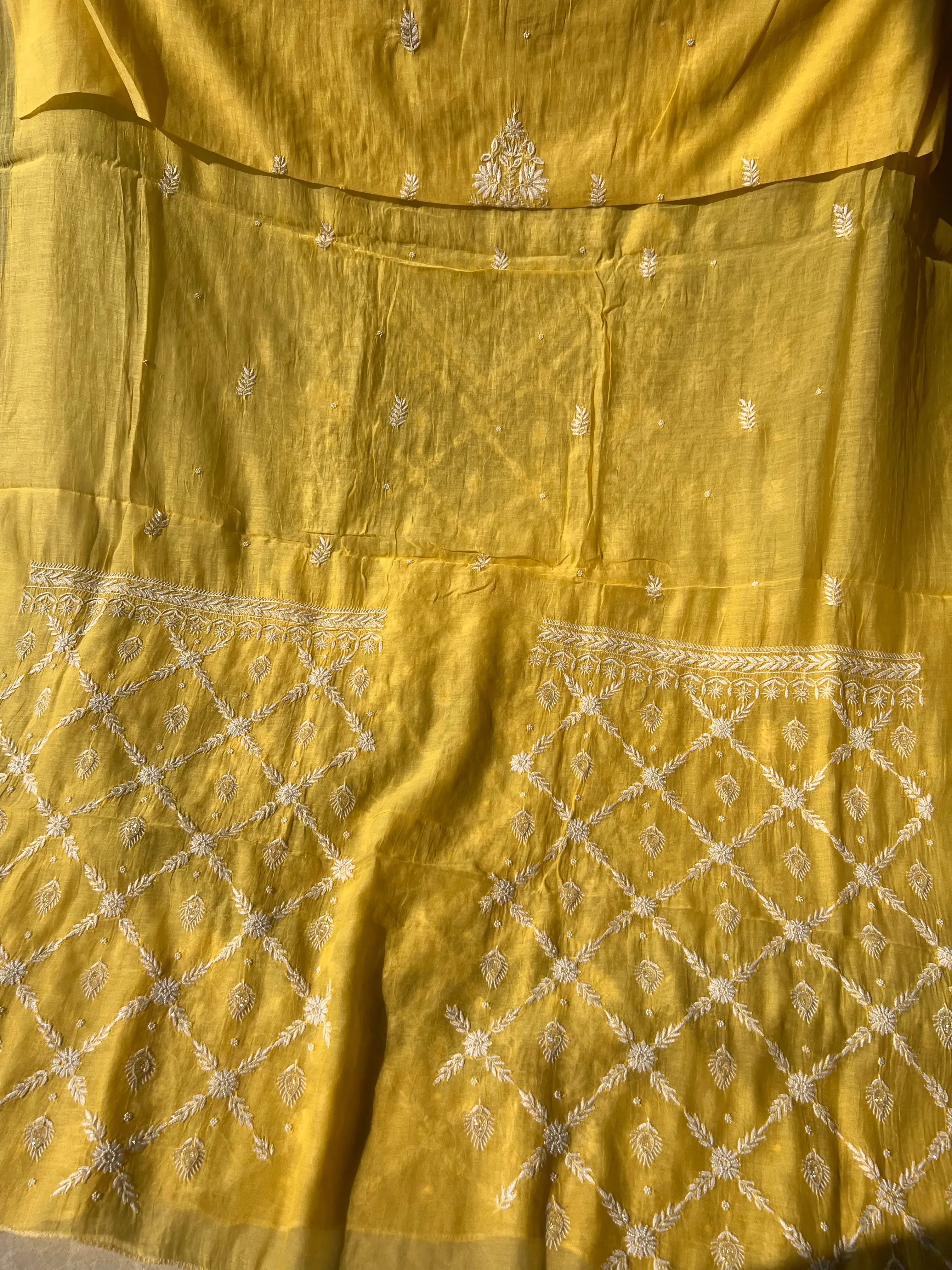 Mul Chanderi Chikankari - Heavy Unstitched Set - Yellow ARIAA CHIKANKARI