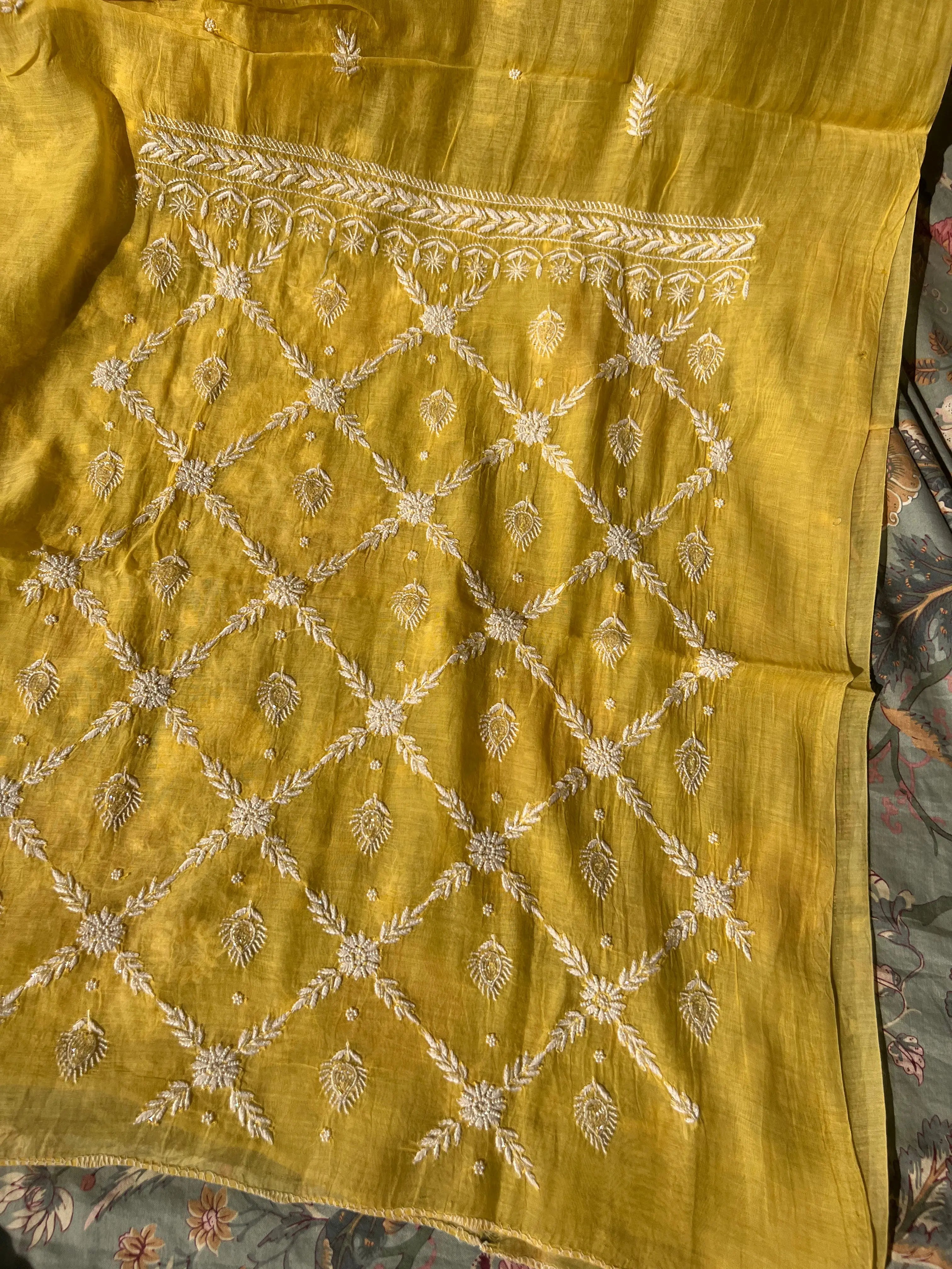 Mul Chanderi Chikankari - Heavy Unstitched Set - Yellow ARIAA CHIKANKARI