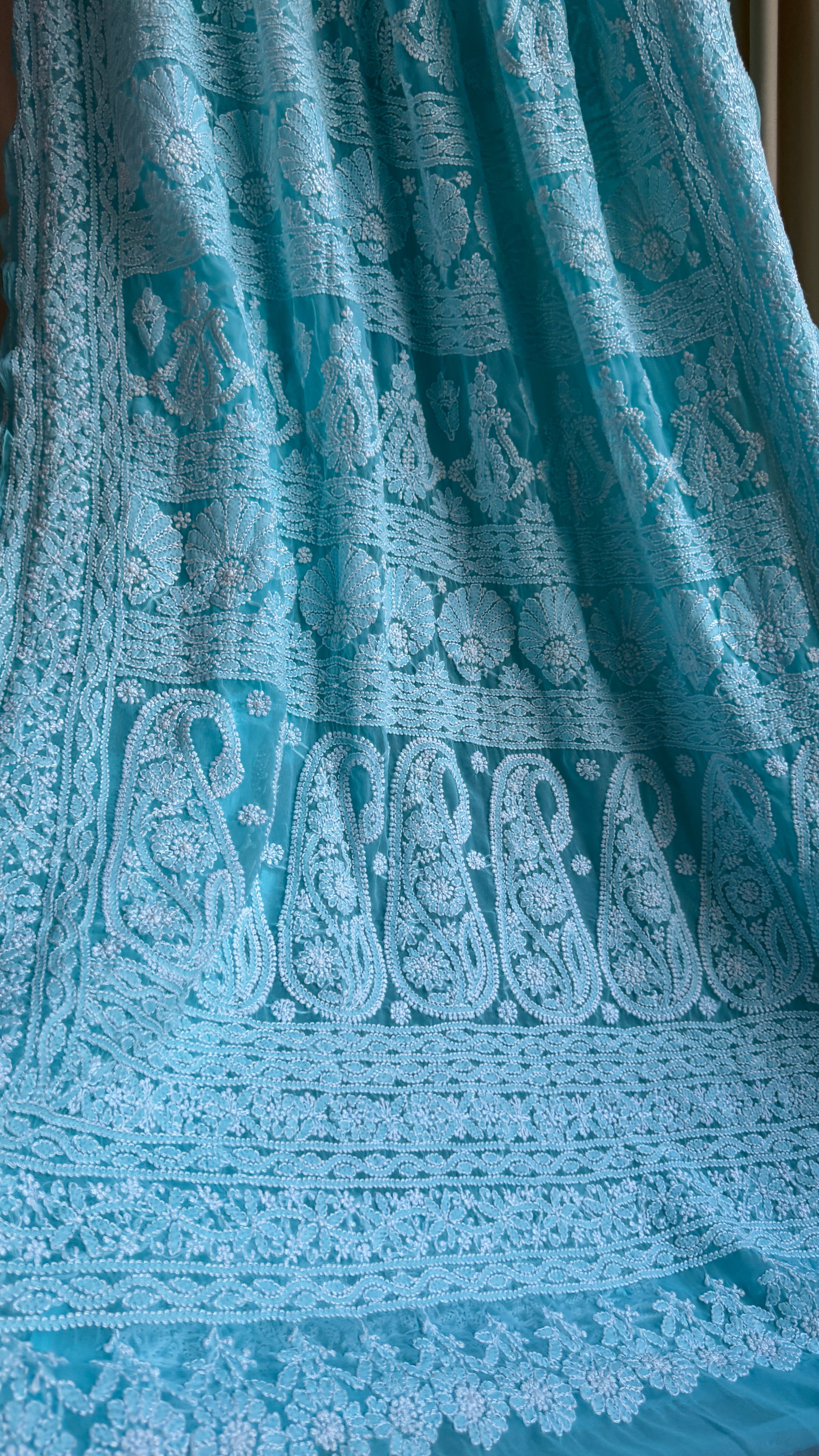 Georgette Chikankari saree in Firozi