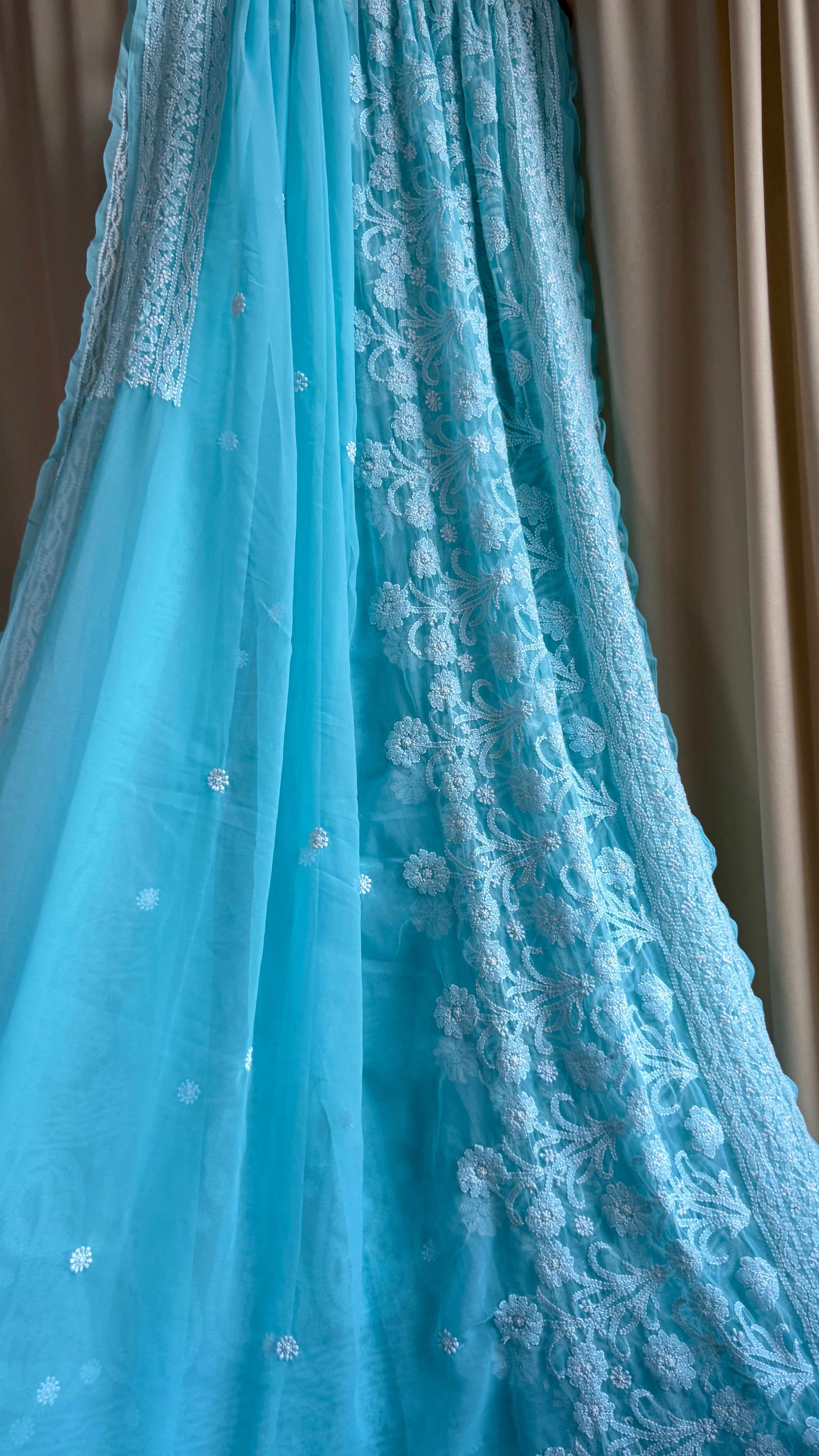 Georgette Chikankari saree in Firozi