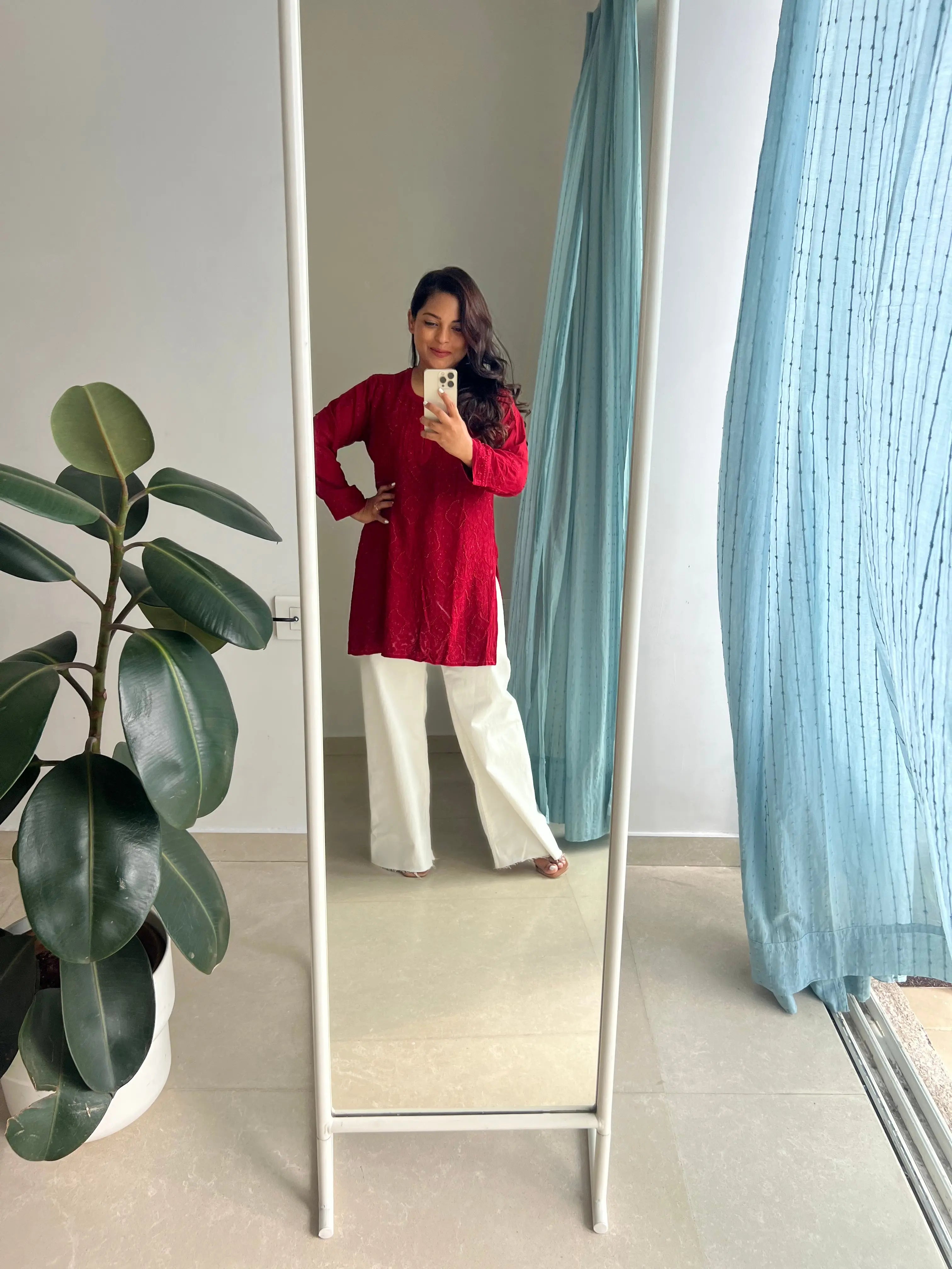 Chikankari Viscose Georgette short Top in Red ARIAA CHIKANKARI