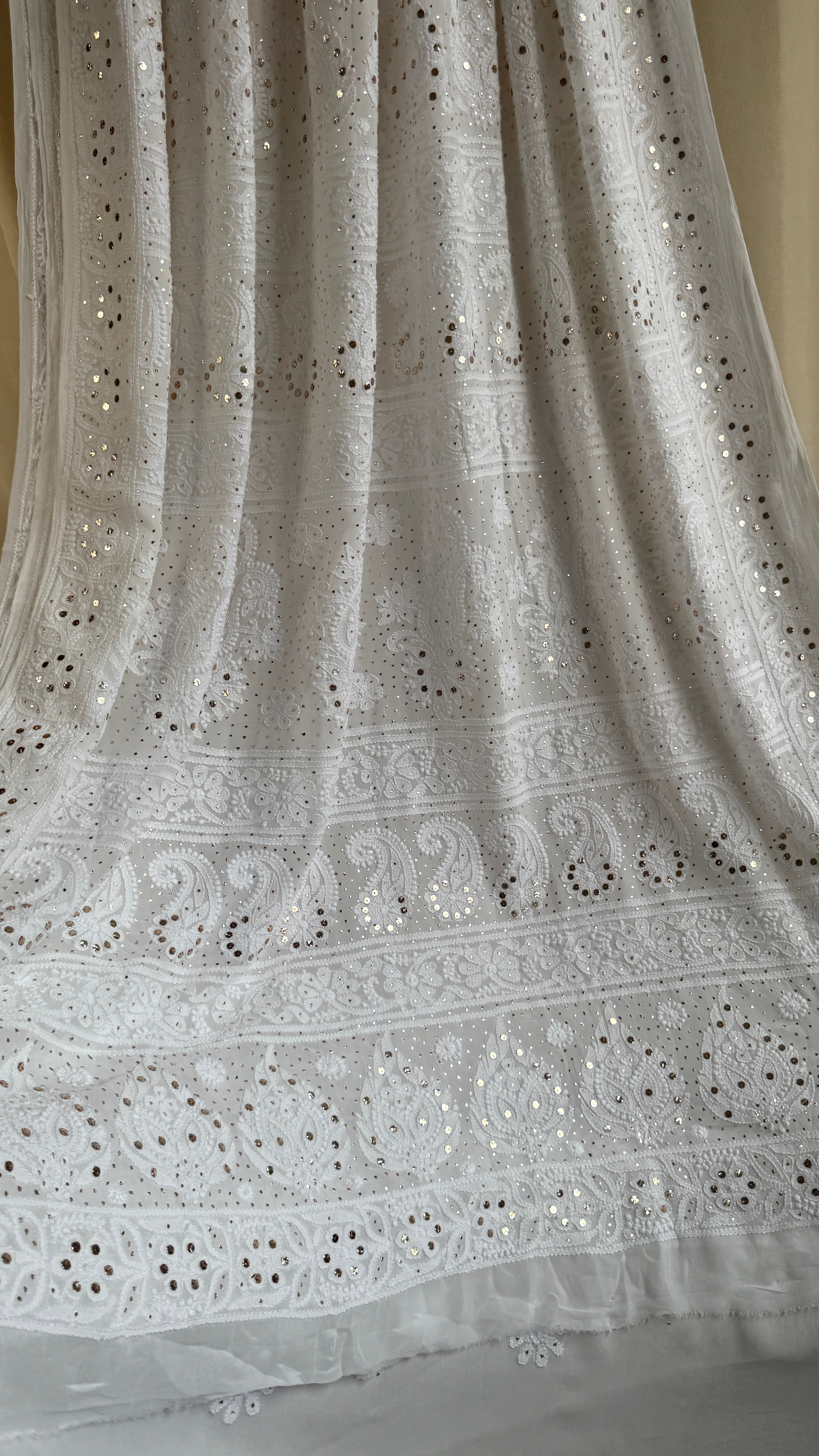 Viscose White Chikankari saree with Mukaish Work