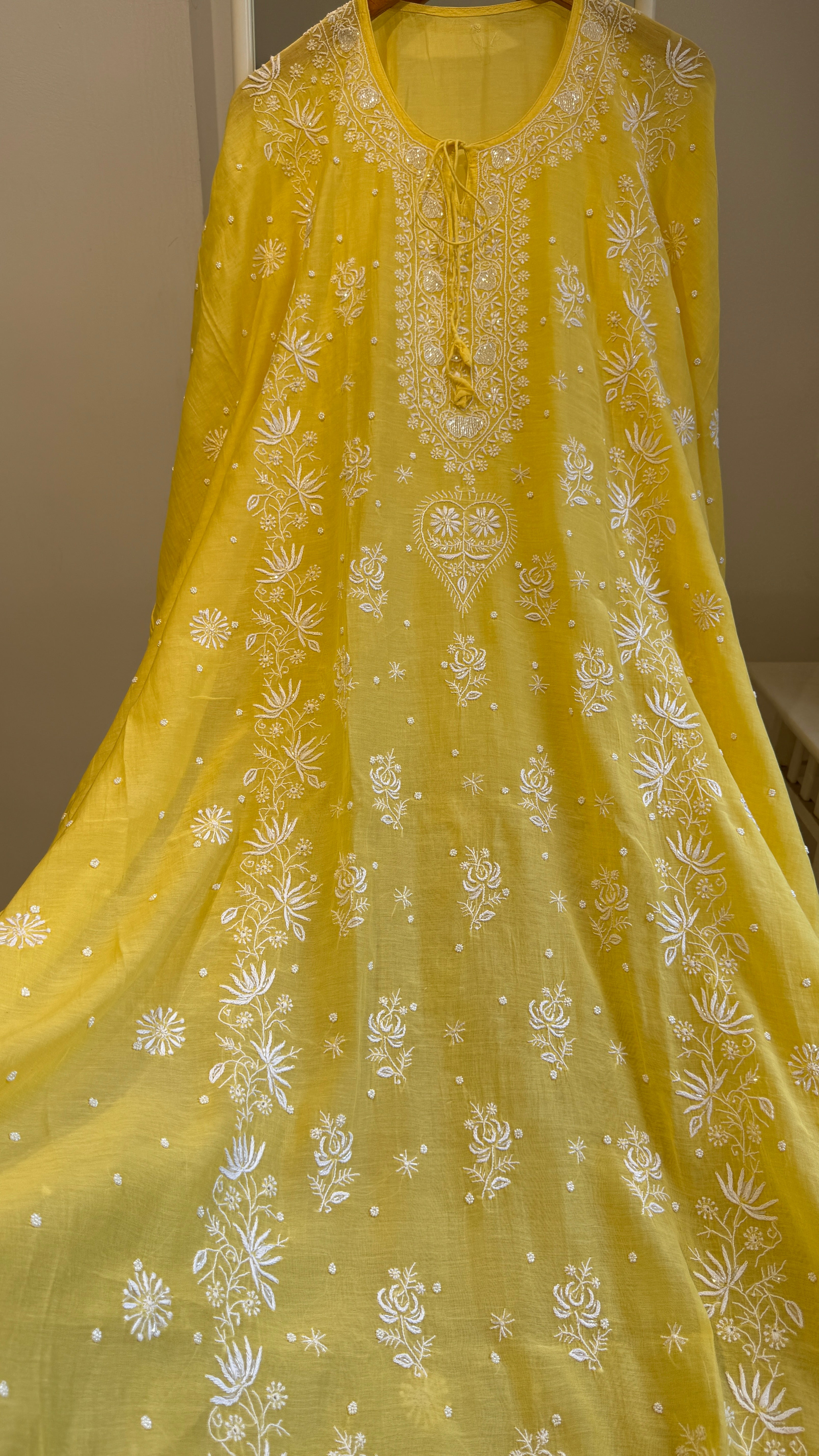 Mul Chanderi Chikankari Kaftan - Yellow