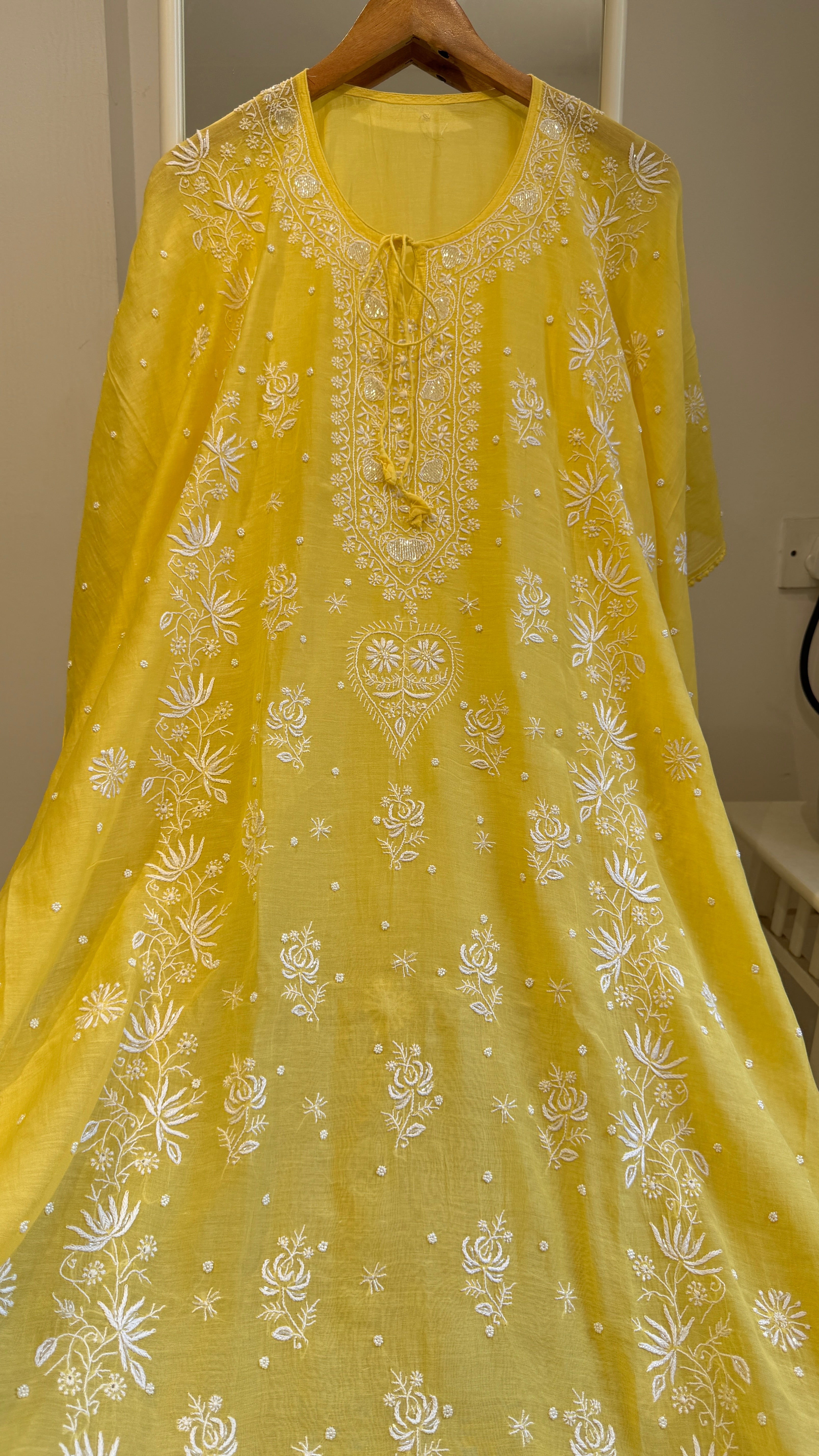 Mul Chanderi Chikankari Kaftan - Yellow