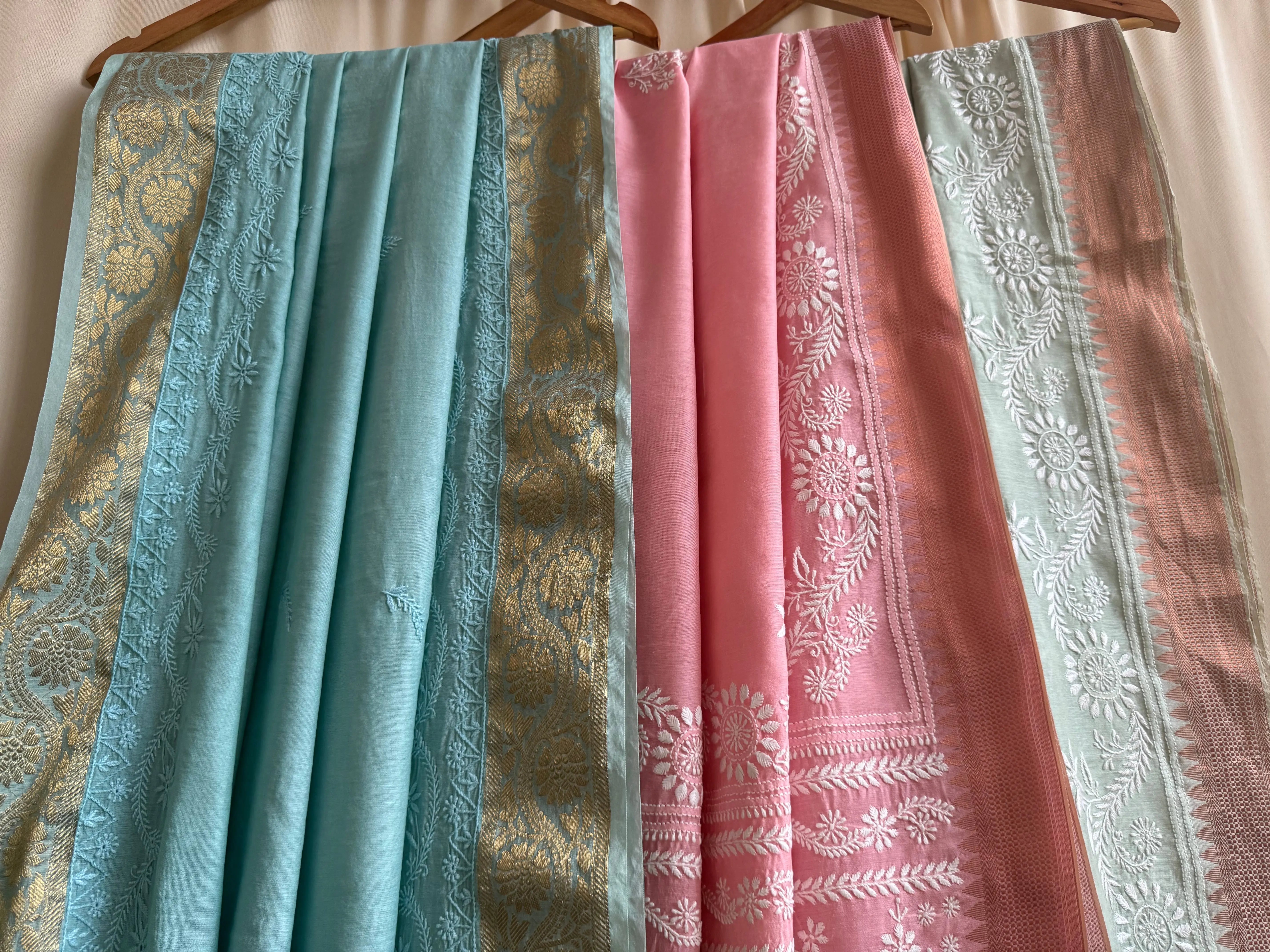 Chanderi-Chikankari-saree-with-Gold-Zari-Border ARIAA CHIKANKARI