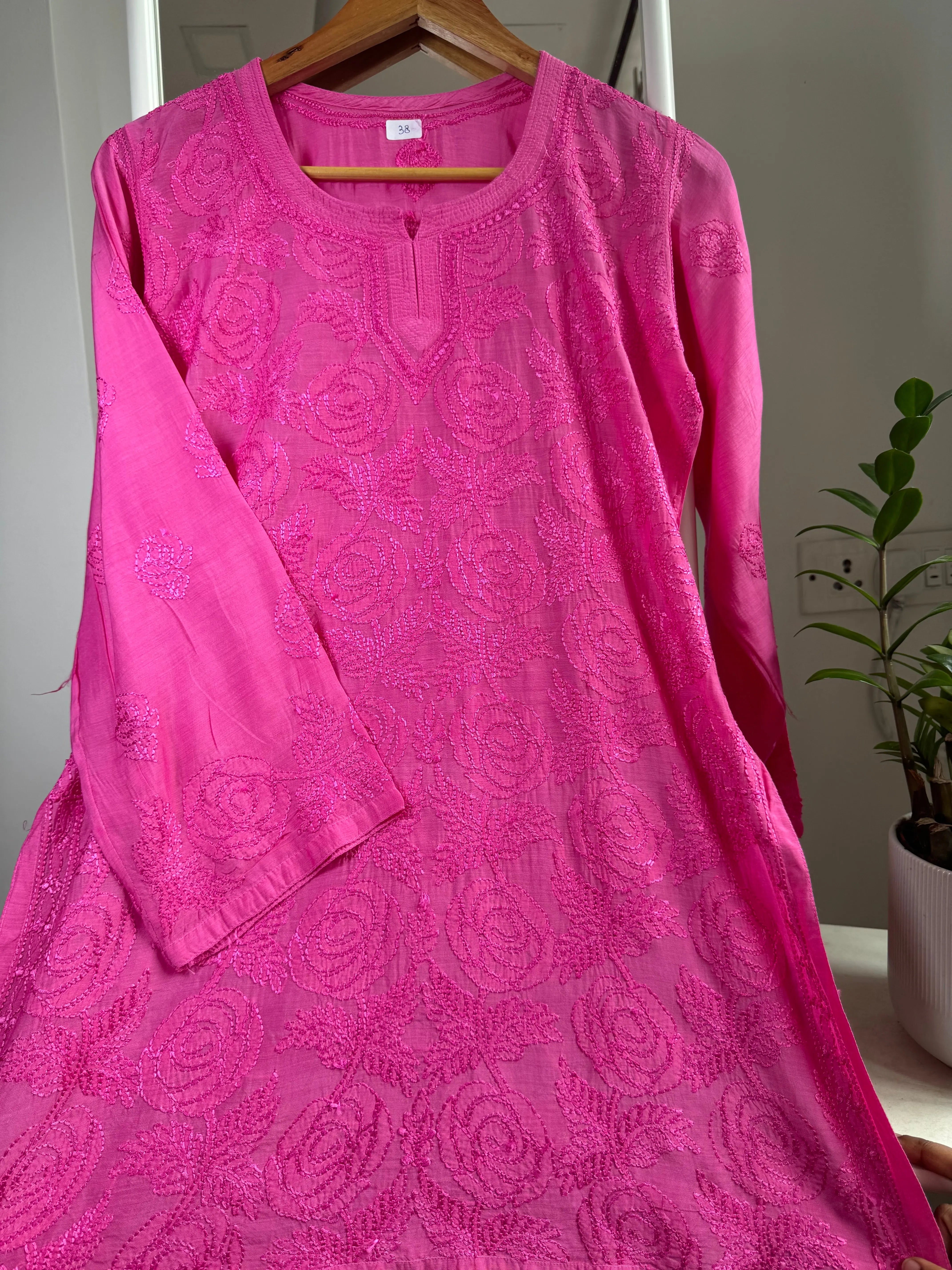 Chikankari Muslin short Top in hot Pink ARIAA CHIKANKARI 