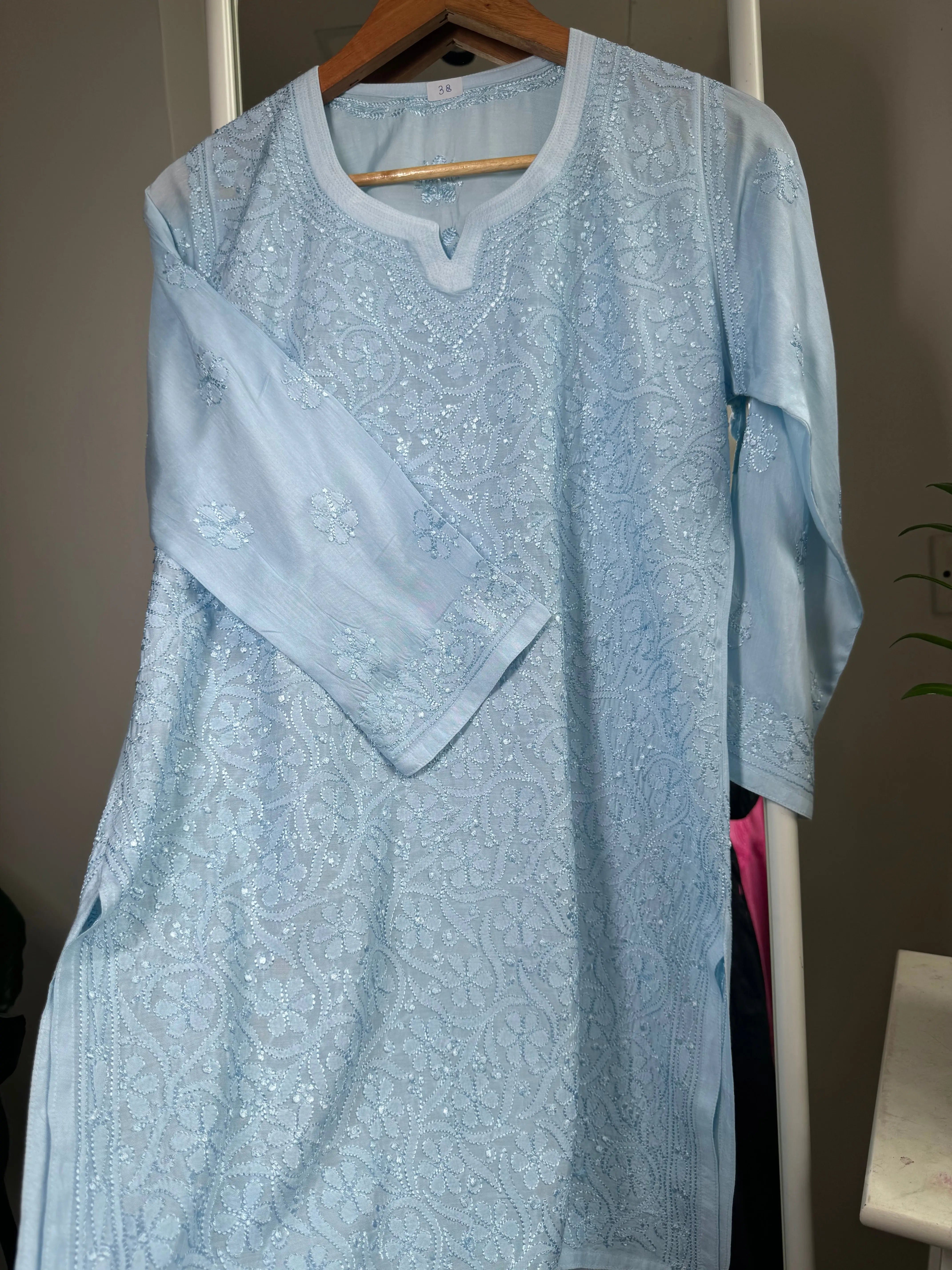 Chikankari Muslin short Top in sky Blue ARIAA CHIKANKARI 