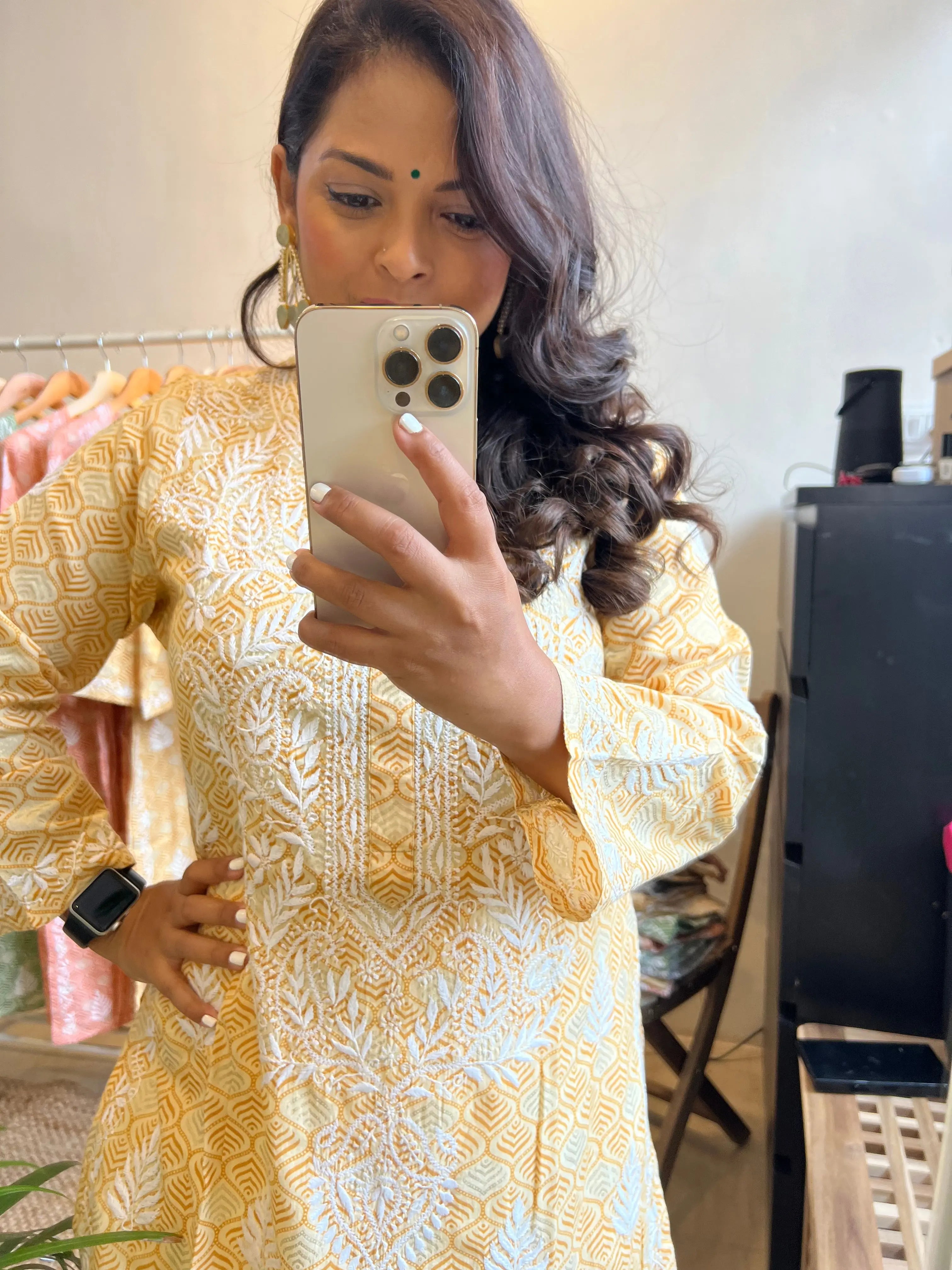 Mul Cotton Printed Chikankari Kurti - Yellow ARIAA CHIKANKARI 