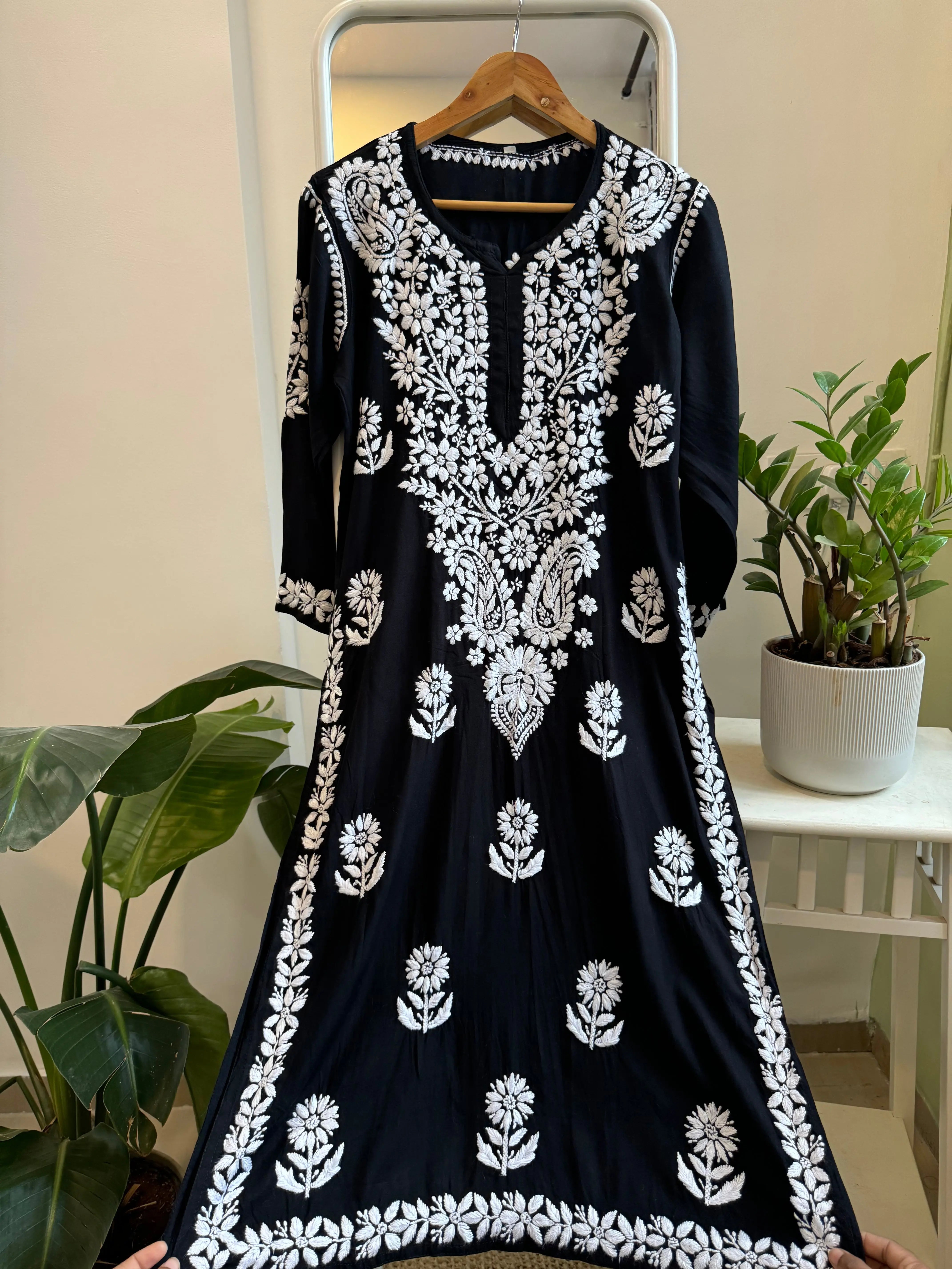 Modal Cotton Kurti Plazzo Set - Black ARIAA CHIKANKARI 