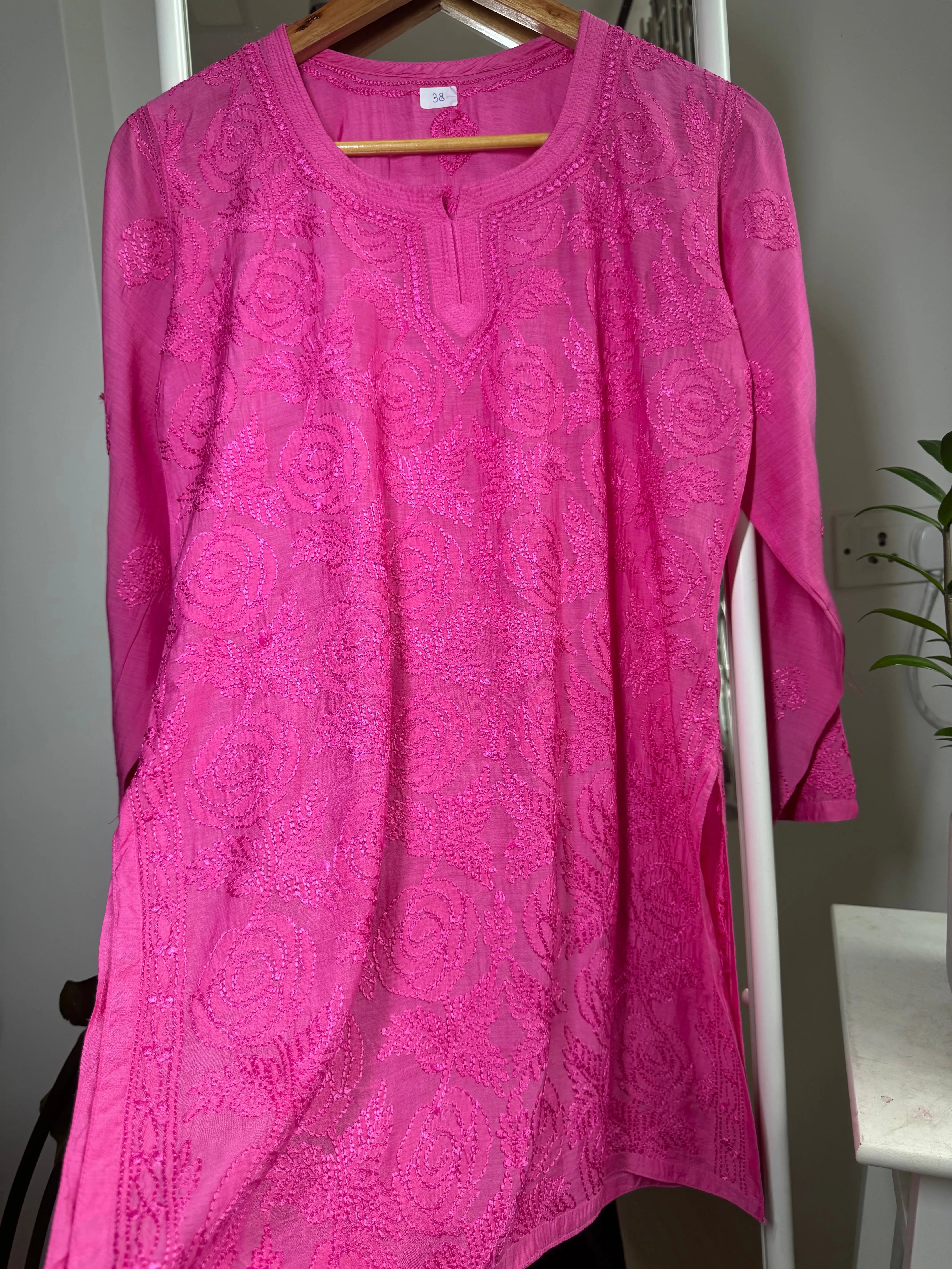 Chikankari Muslin short Top in hot Pink ARIAA CHIKANKARI 