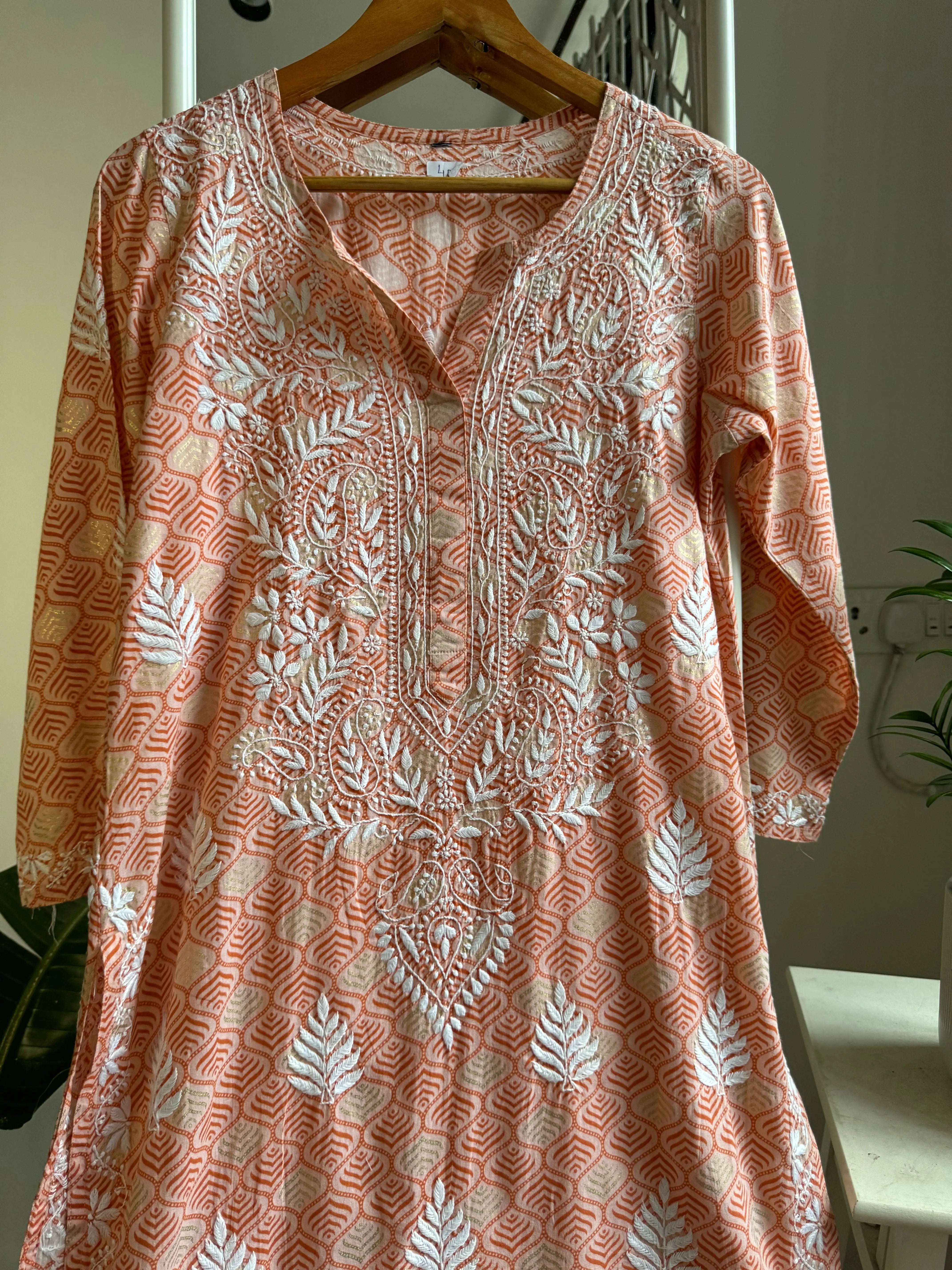 Mul Cotton Printed Chikankari Kurti - Peach ARIAA CHIKANKARI 