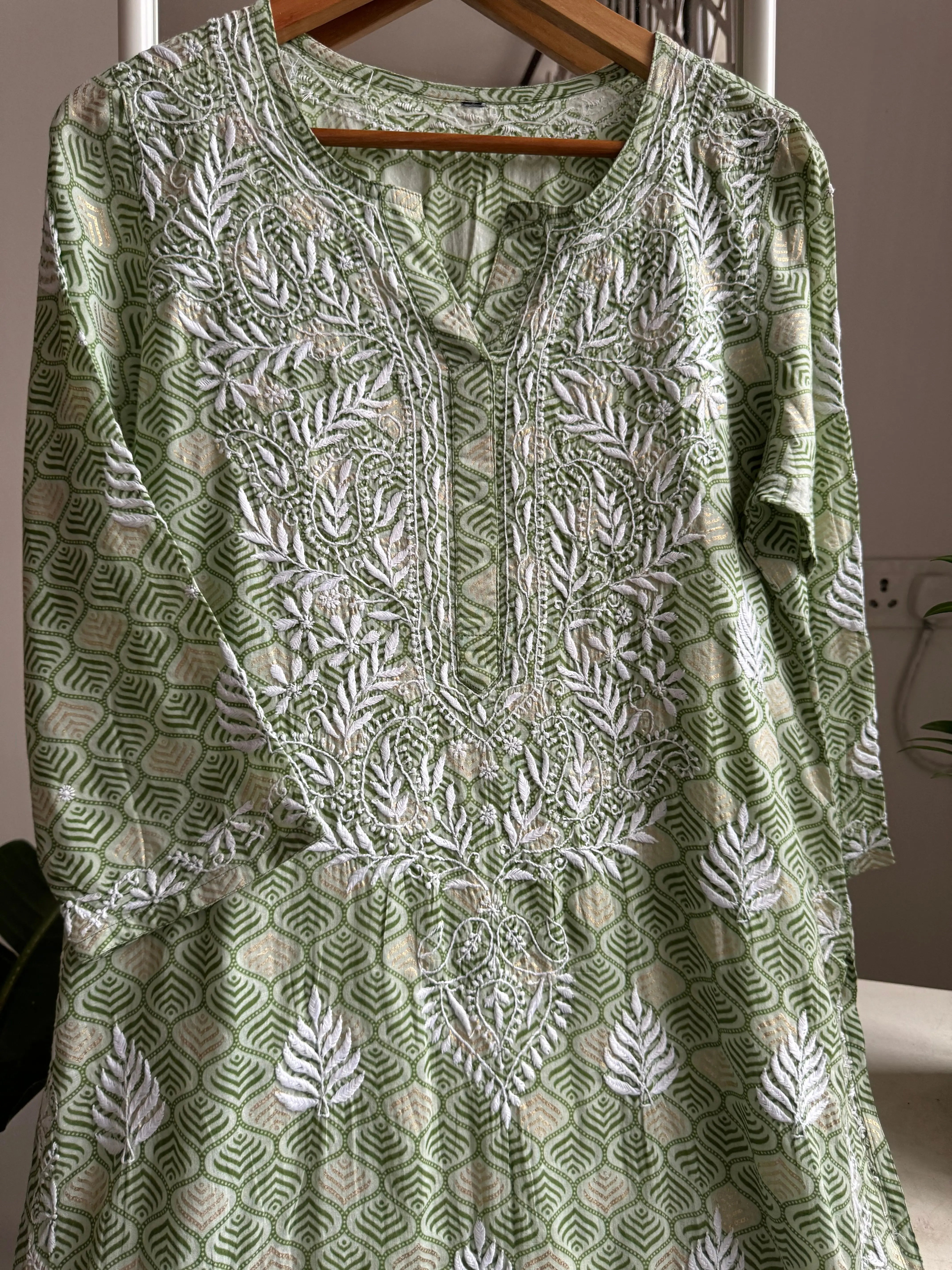 Mul Cotton Printed Chikankari Kurti - Green ARIAA CHIKANKARI 