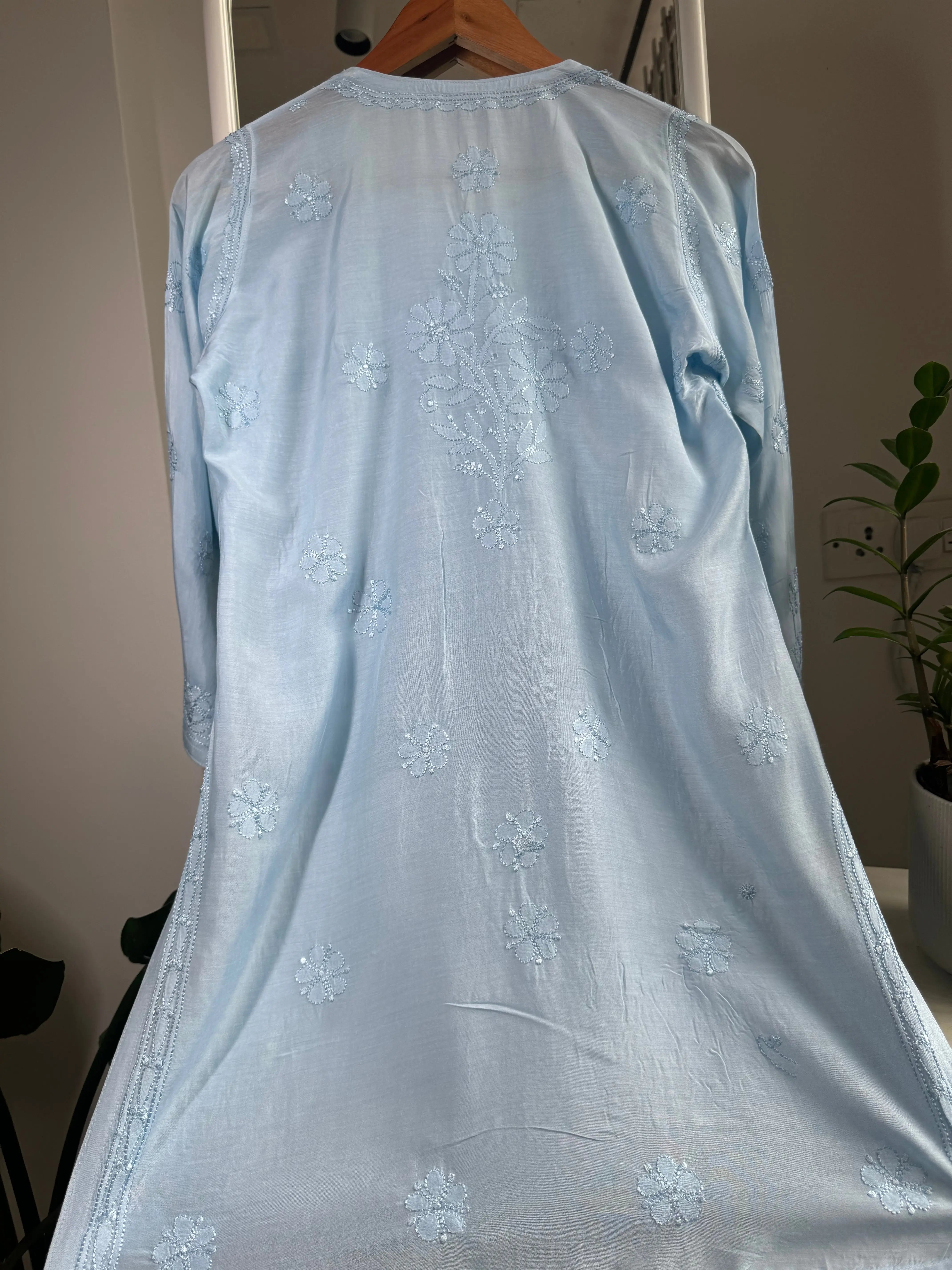 Chikankari Muslin short Top in sky Blue ARIAA CHIKANKARI 