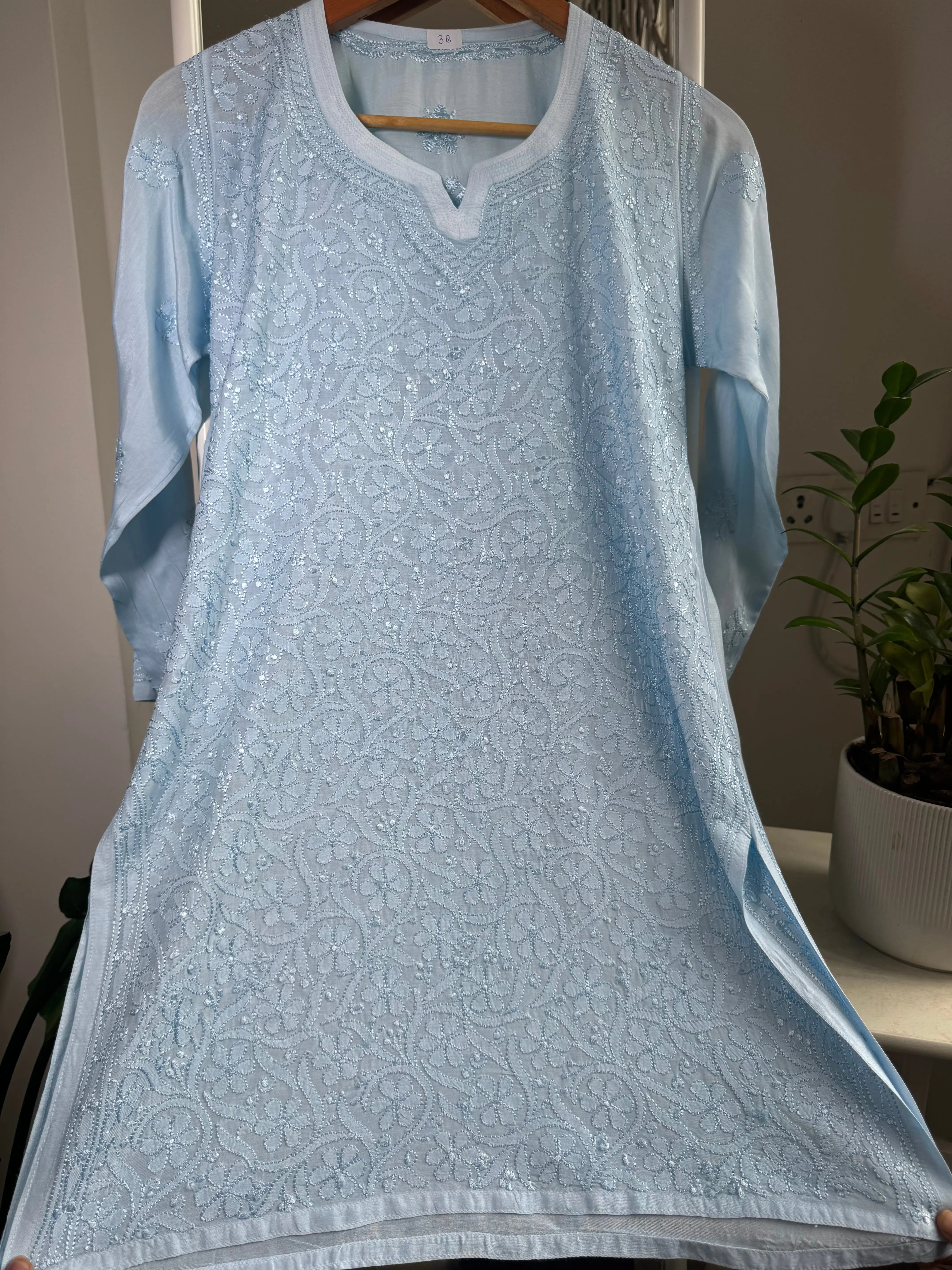 Chikankari Muslin short Top in sky Blue ARIAA CHIKANKARI 