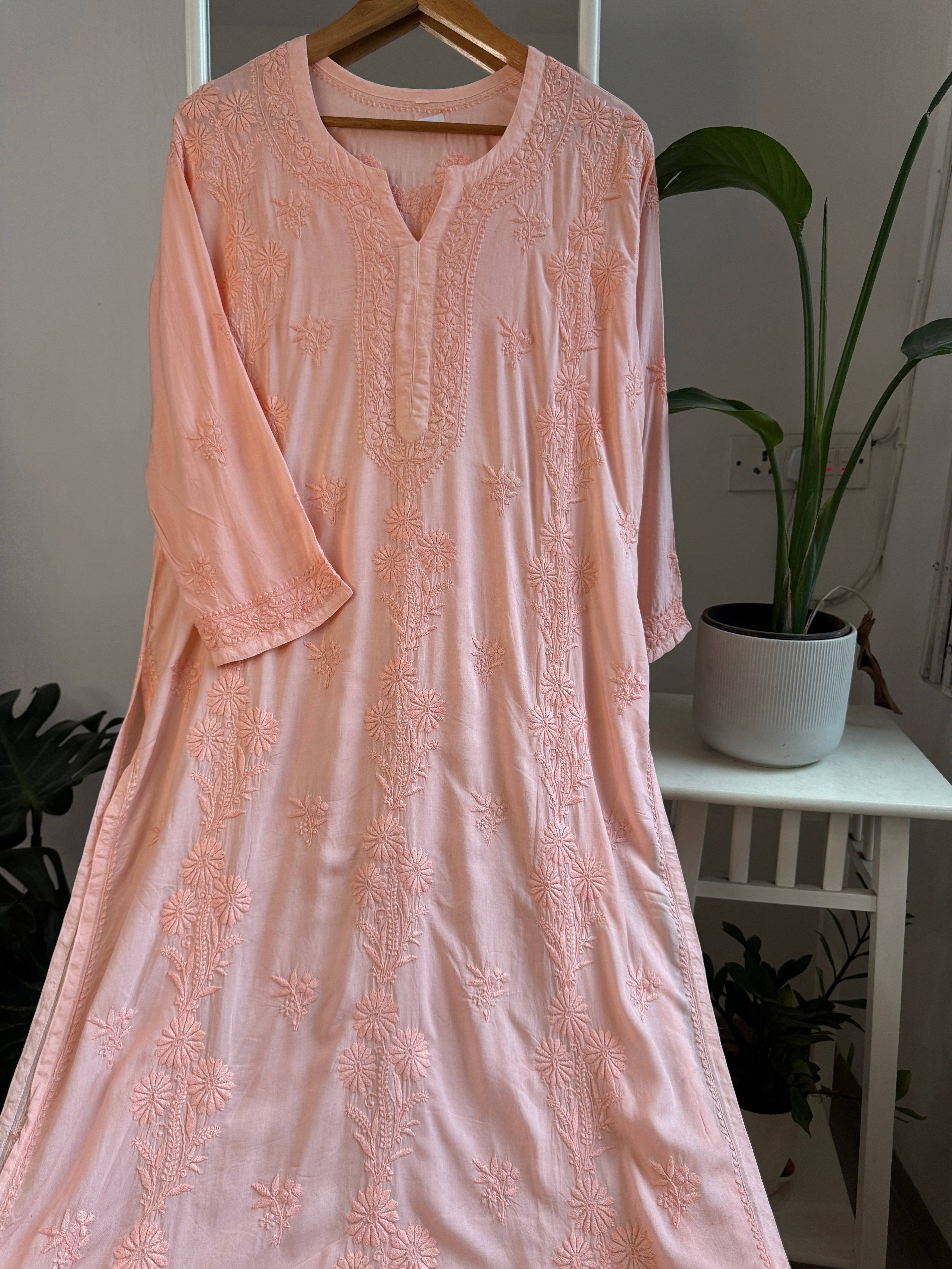 Premium Modal Chikankari Cotton Kurti - Peach-Noor Collection ARIAA CHIKANKARI 