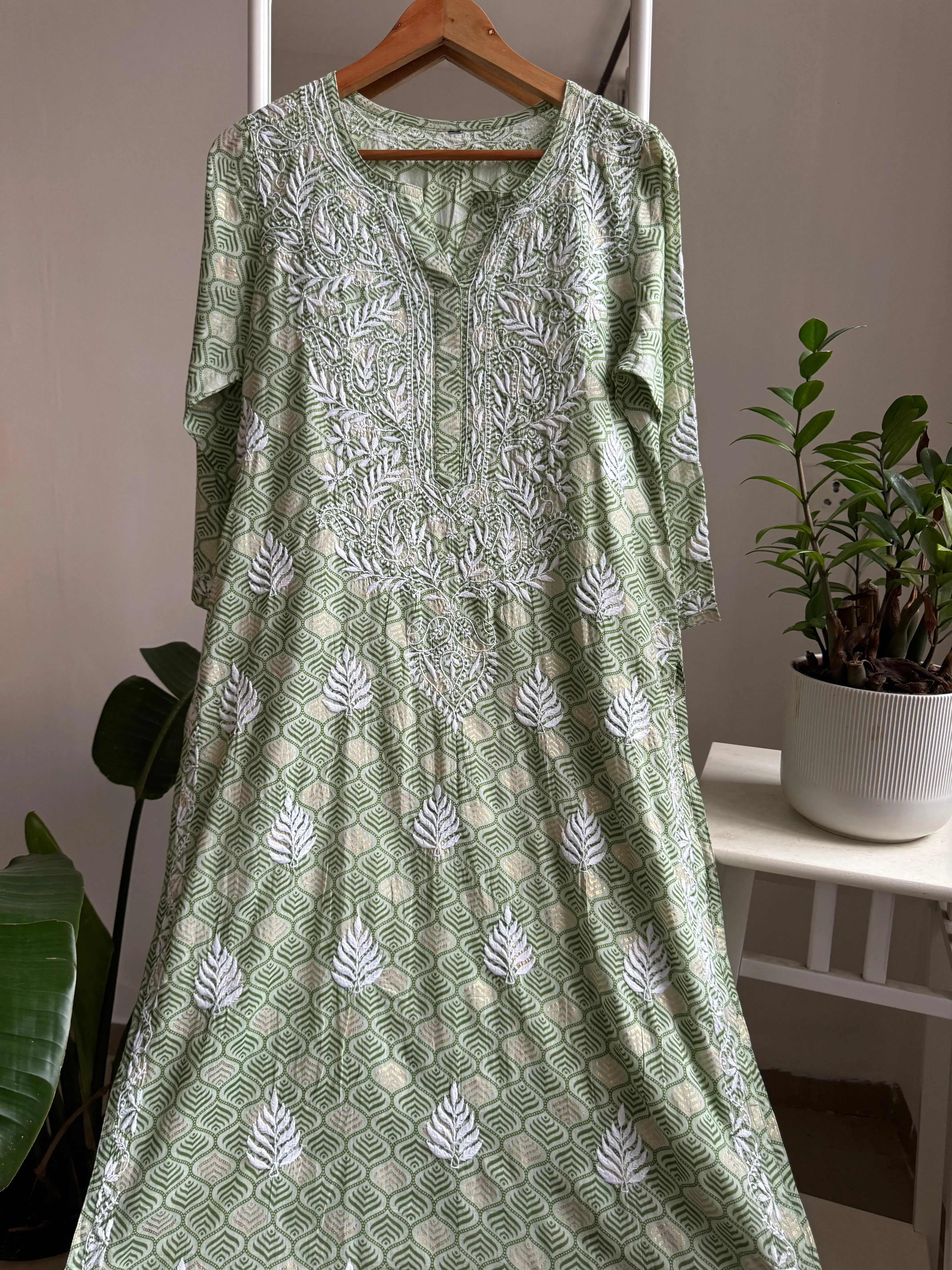 Mul Cotton Printed Chikankari Kurti - Green ARIAA CHIKANKARI 