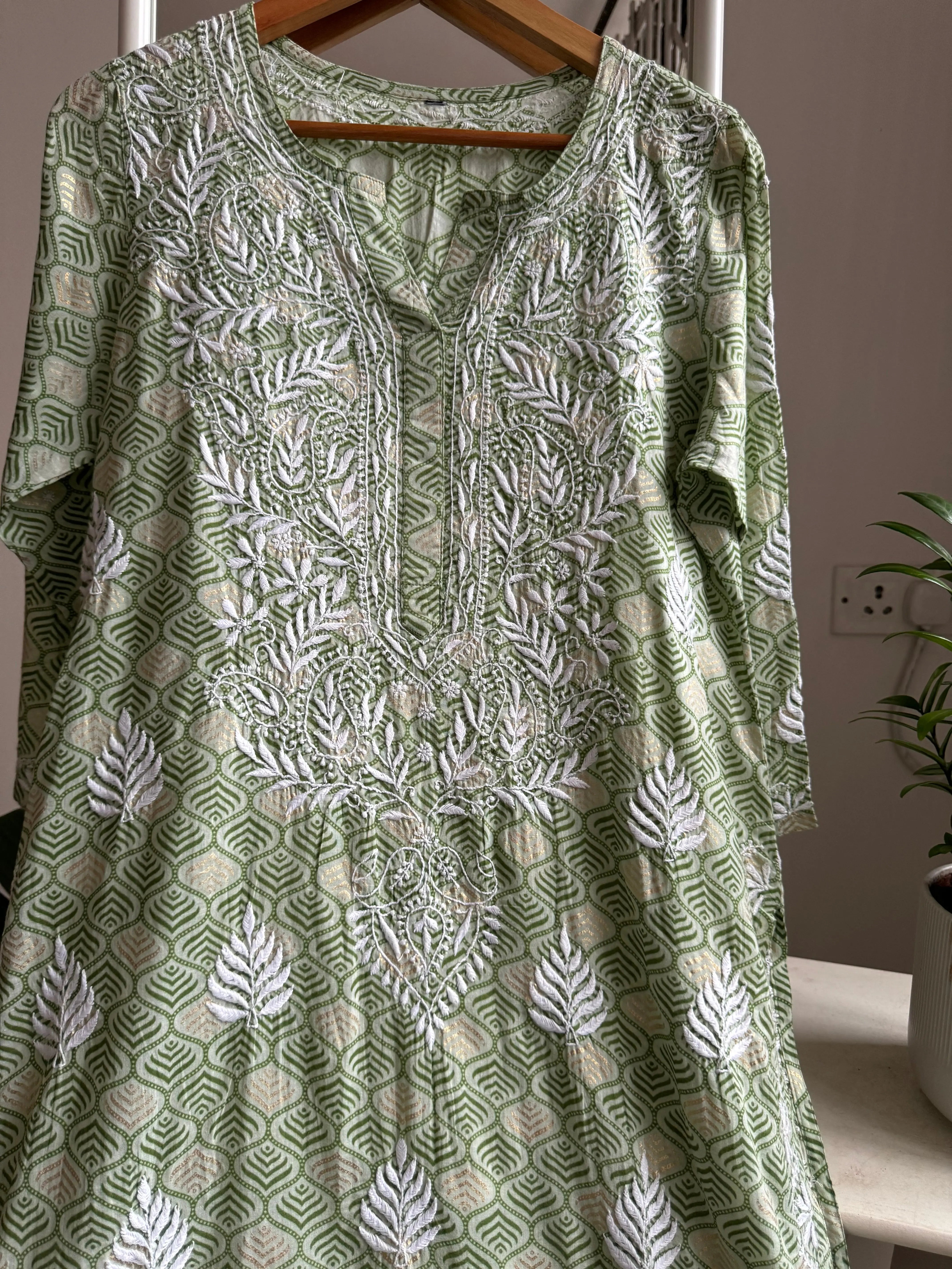 Mul Cotton Printed Chikankari Kurti - Green ARIAA CHIKANKARI 