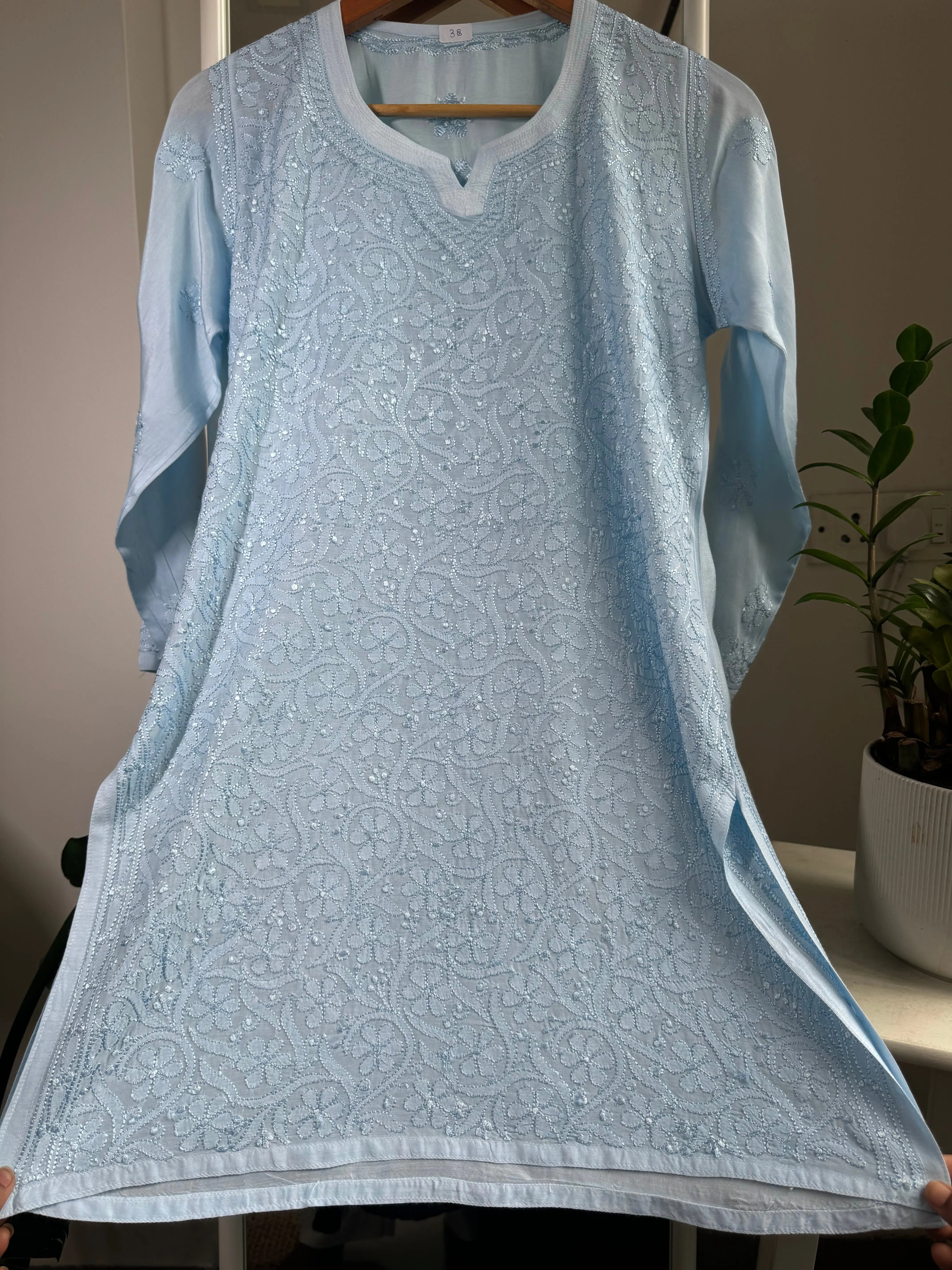 Chikankari Muslin short Top in sky Blue ARIAA CHIKANKARI 