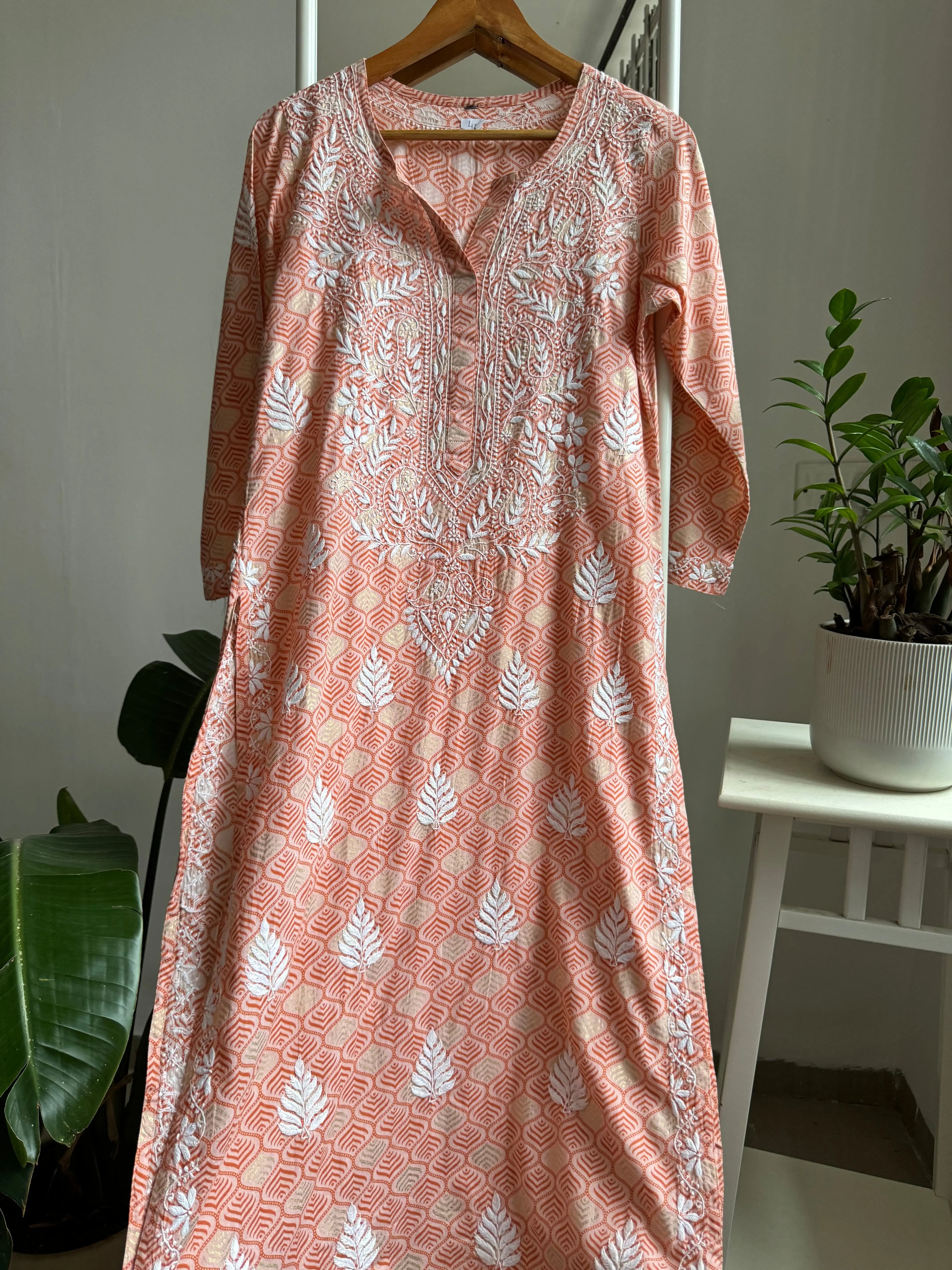 Mul Cotton Printed Chikankari Kurti - Peach ARIAA CHIKANKARI 