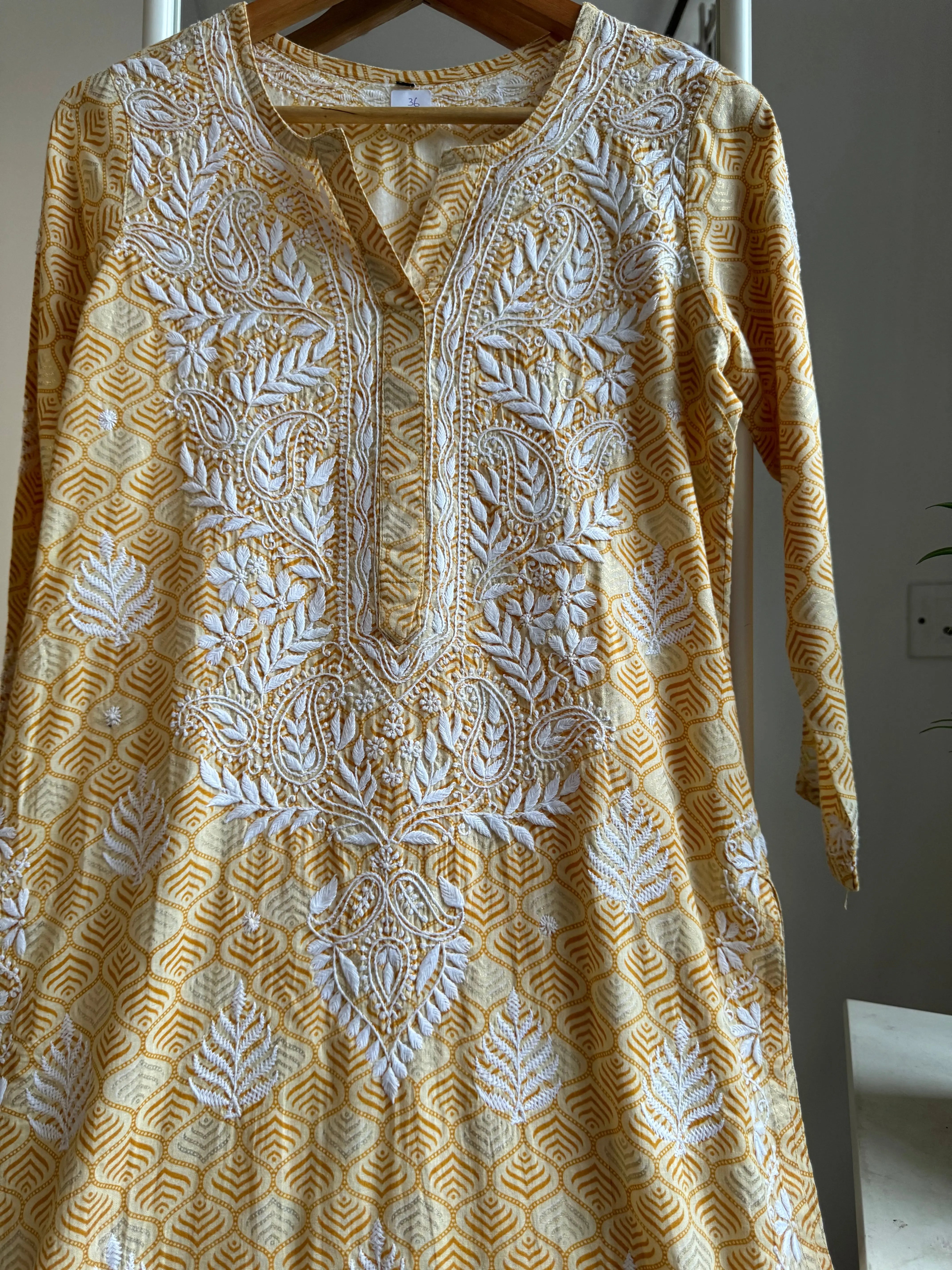 Mul Cotton Printed Chikankari Kurti - Yellow ARIAA CHIKANKARI 