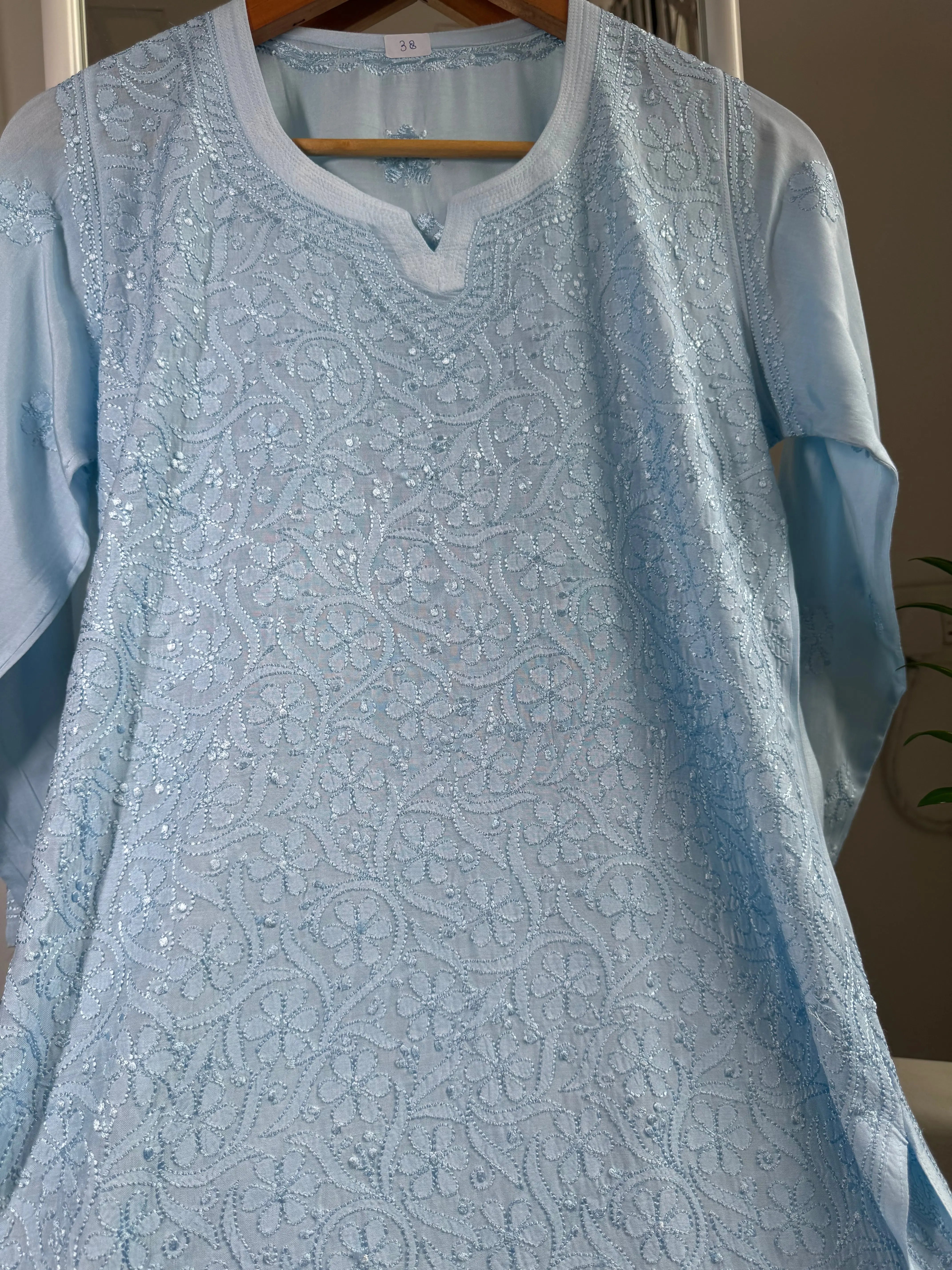 Chikankari Muslin short Top in sky Blue ARIAA CHIKANKARI 