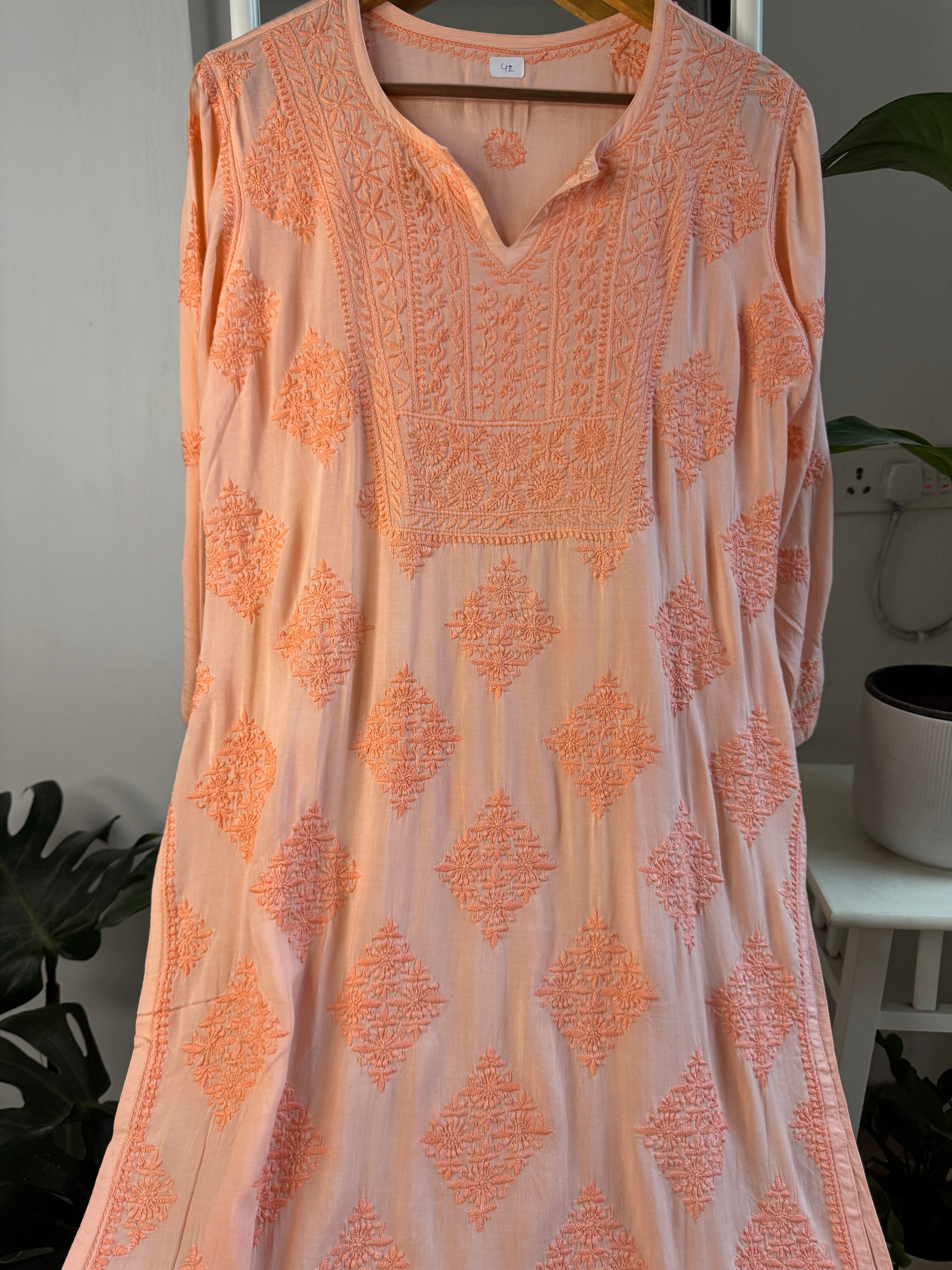 Premium Modal Chikankari Cotton Kurti - Orange ARIAA CHIKANKARI 