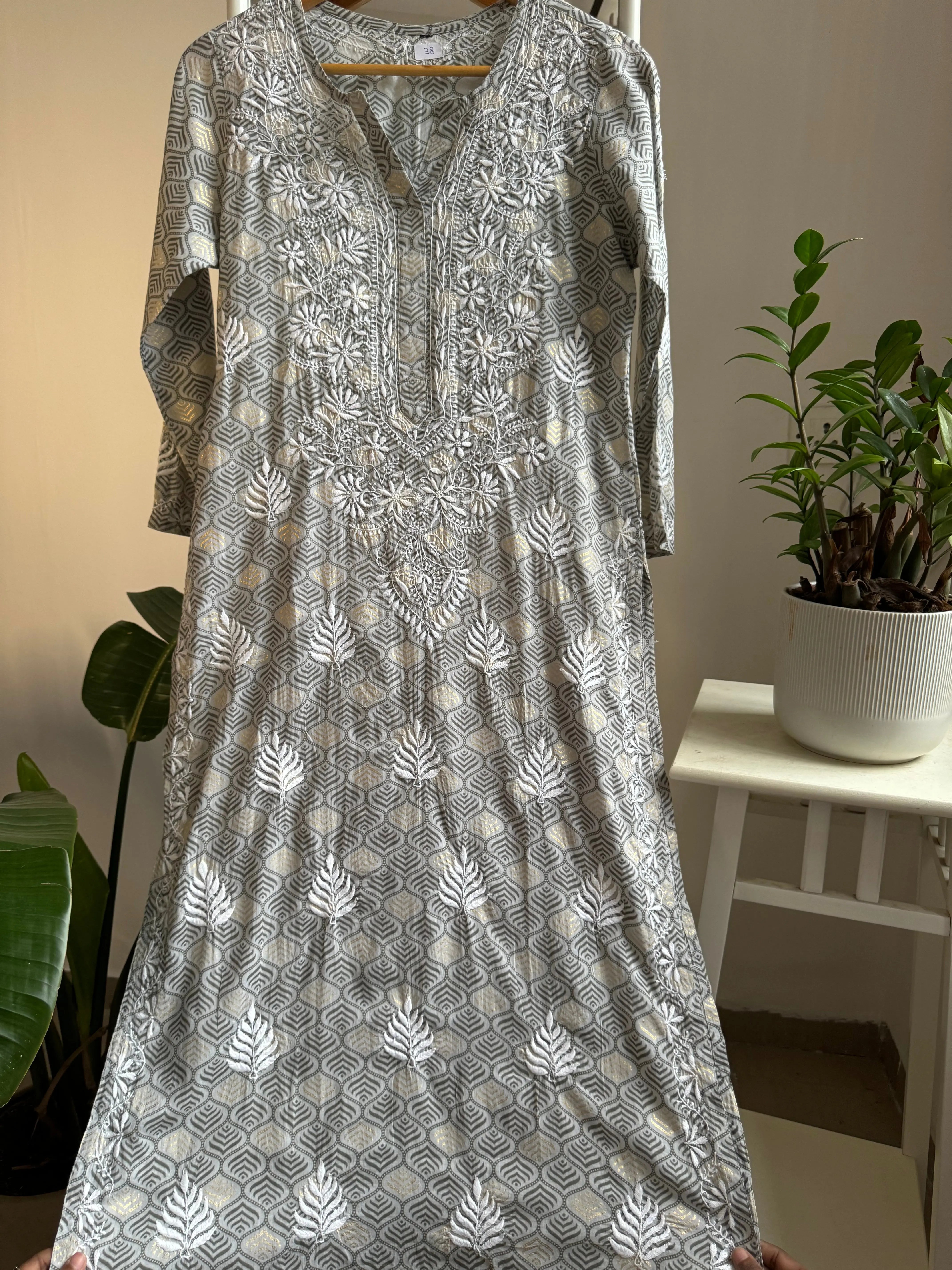 Mul Cotton Printed Chikankari Kurti - Grey ARIAA CHIKANKARI 