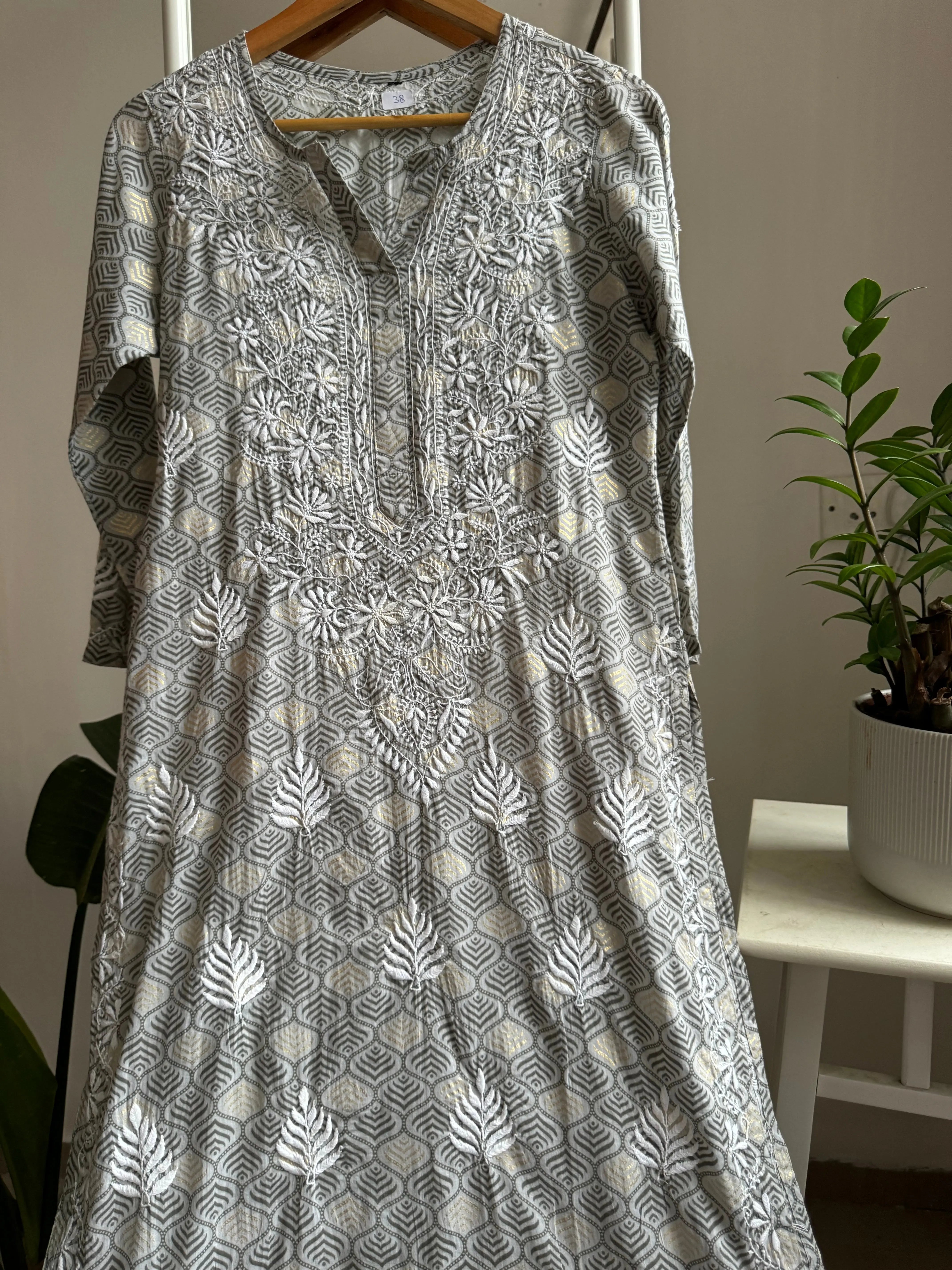 Mul Cotton Printed Chikankari Kurti - Grey ARIAA CHIKANKARI 