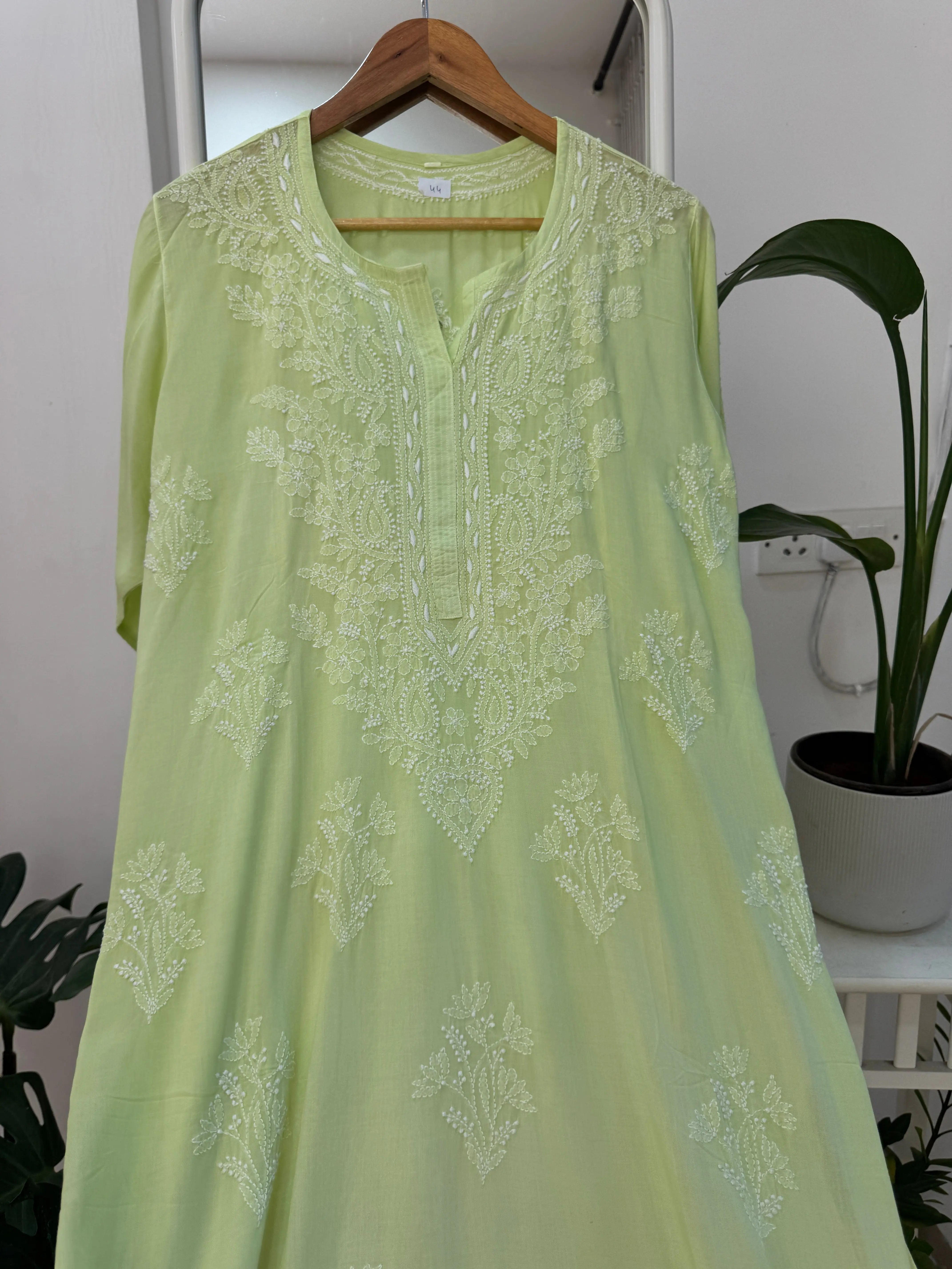 Premium Modal Chikankari Cotton Kurti - Apple Green -Noor Collection ARIAA CHIKANKARI 