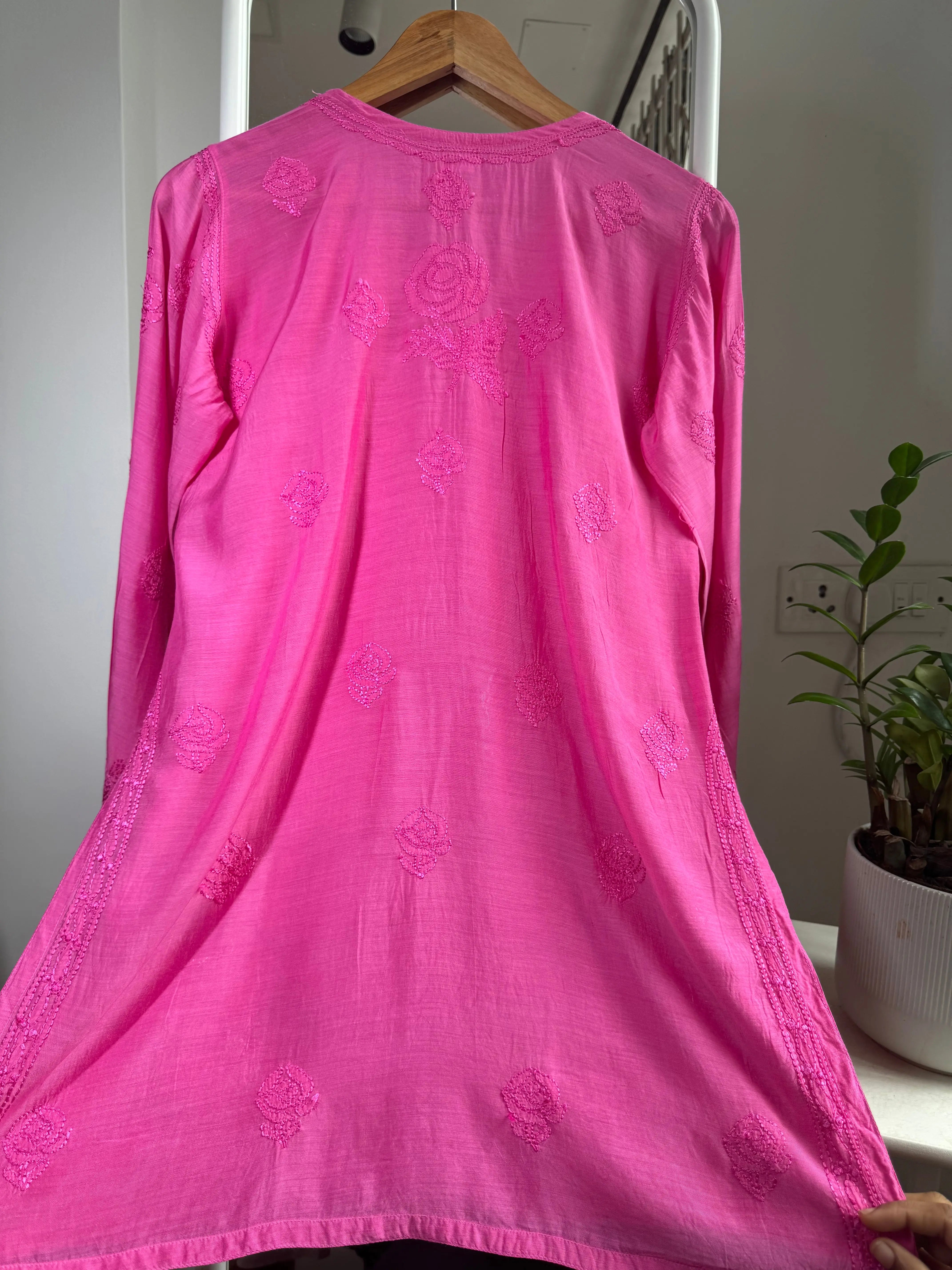 Chikankari Muslin short Top in hot Pink ARIAA CHIKANKARI 