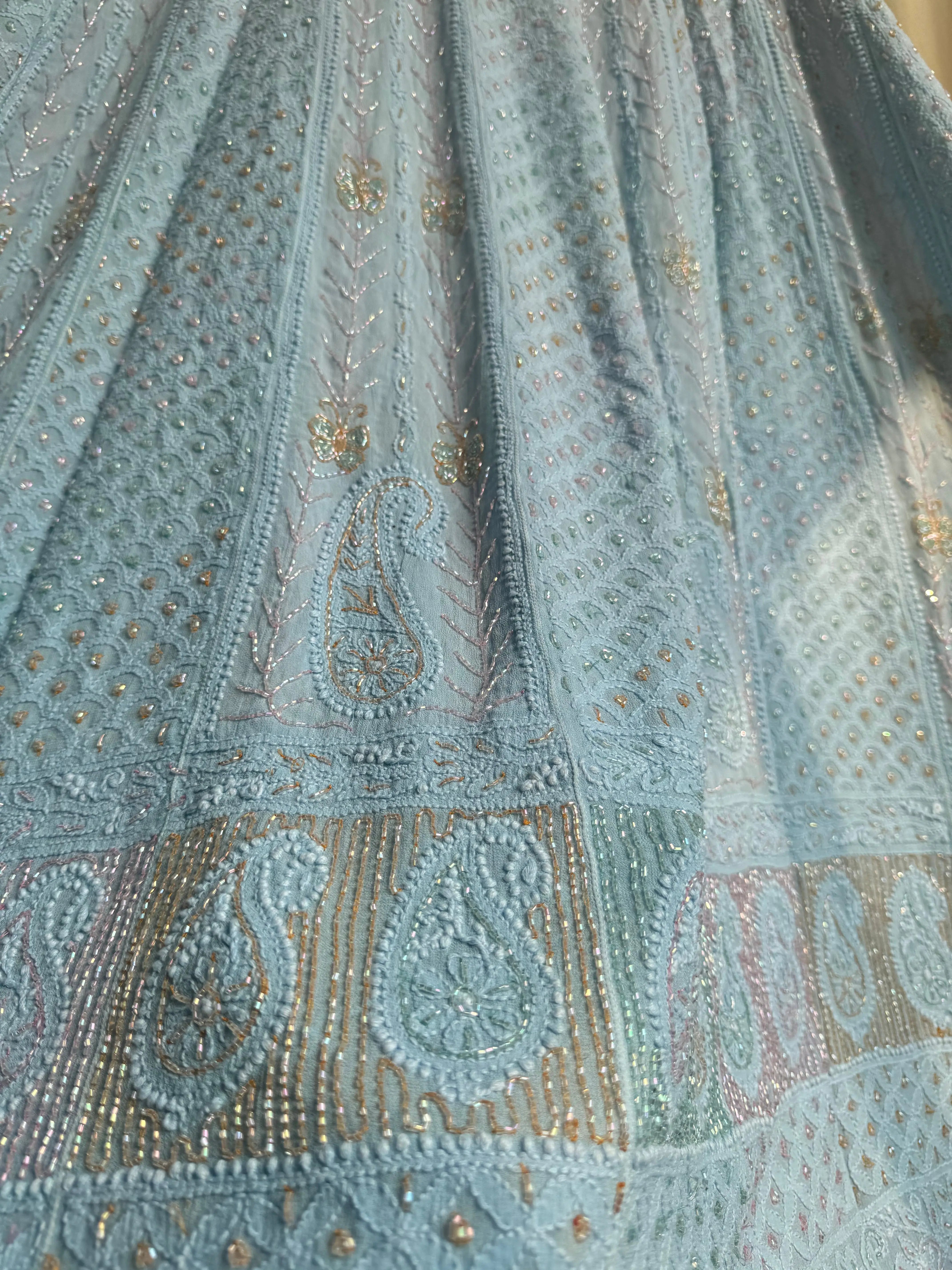 Viscose Anarkali - Semi Stitched - Pearl Work - Blue Ombre ARIAA CHIKANKARI 